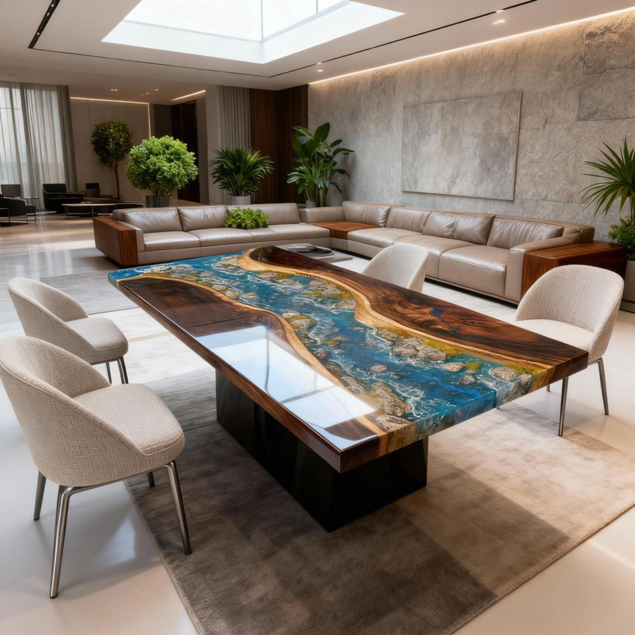 Table rivière sur mesure en résine époxy et noyer bleu égéen KRD-582