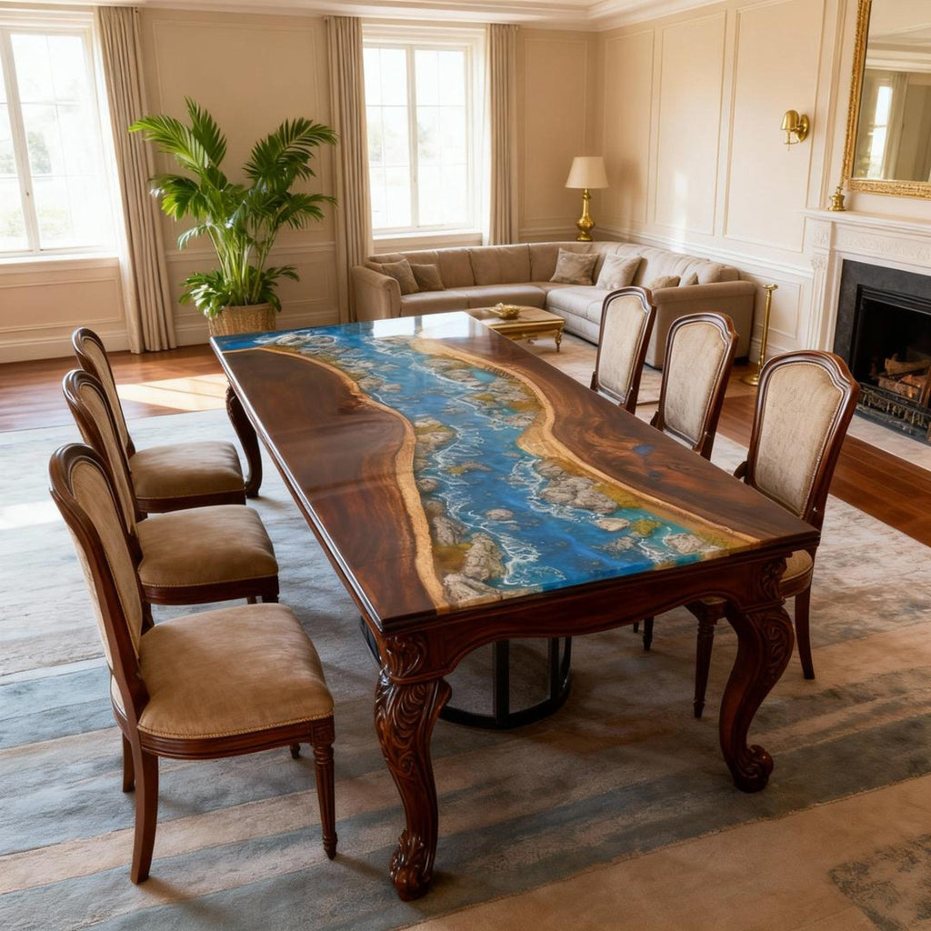 Table rivière sur mesure en résine époxy et noyer bleu égéen KRD-582