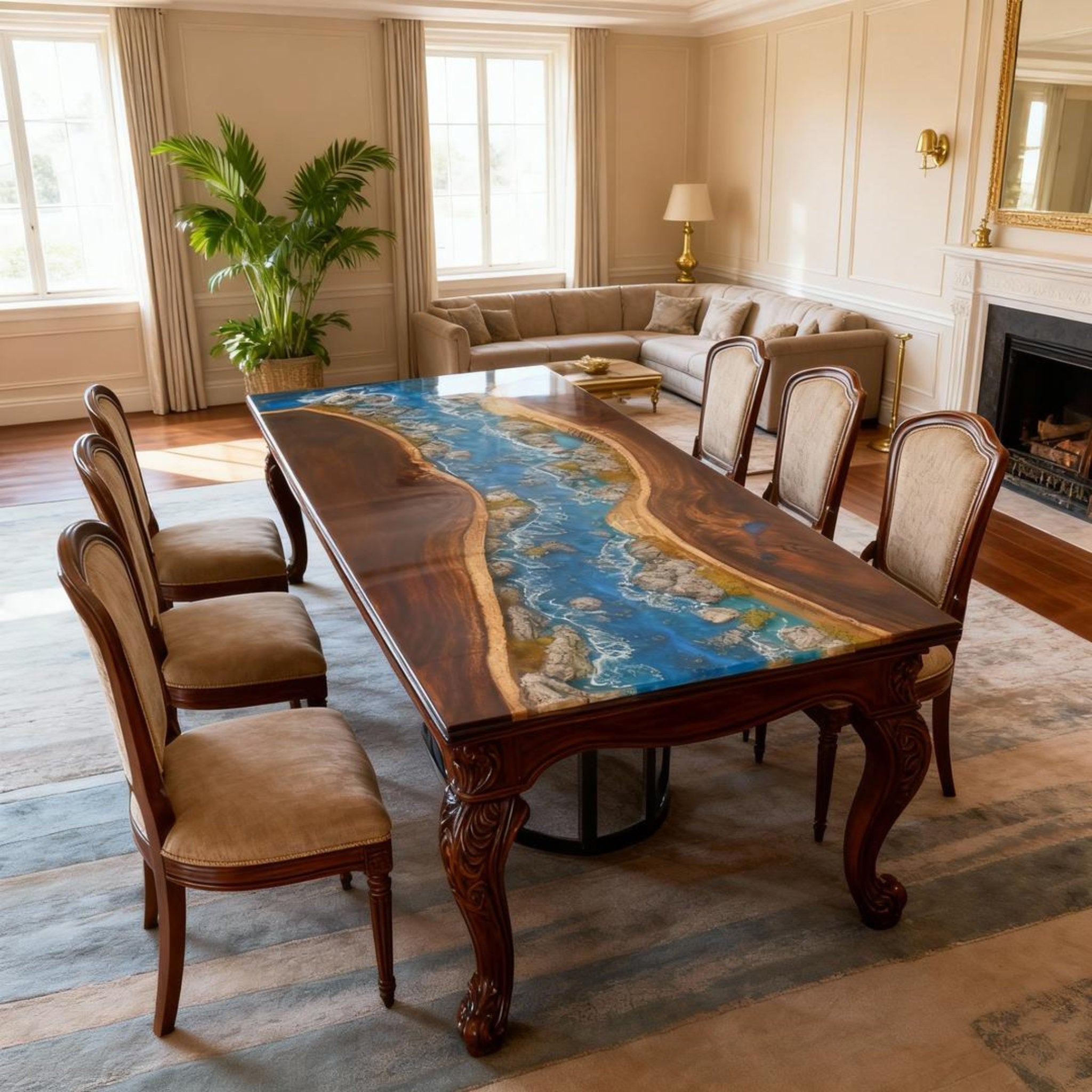 Table rivière sur mesure en résine époxy et noyer bleu égéen KRD-582