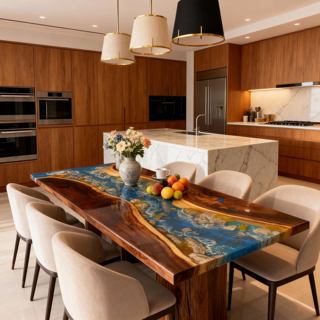 Table rivière sur mesure en résine époxy et noyer bleu égéen KRD-582