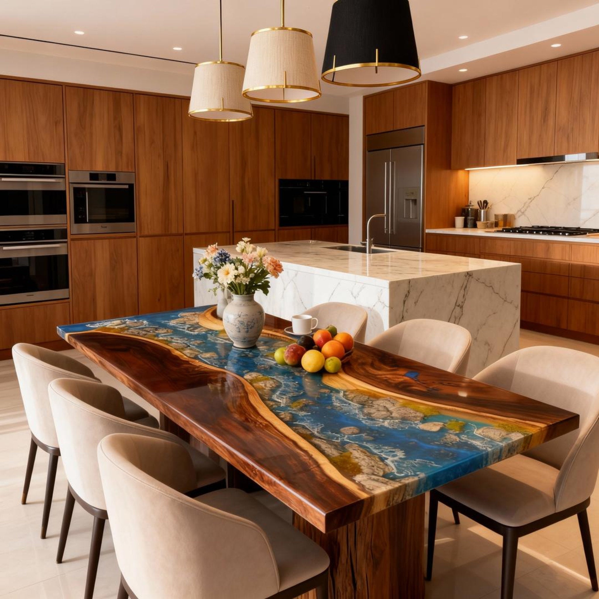 Table rivière sur mesure en résine époxy et noyer bleu égéen KRD-582