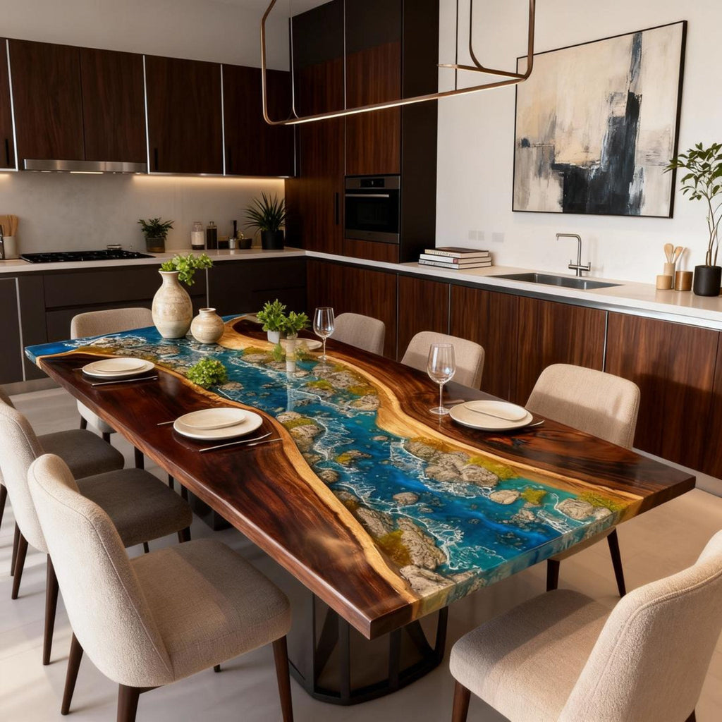 Table rivière sur mesure en résine époxy et noyer bleu égéen KRD-582