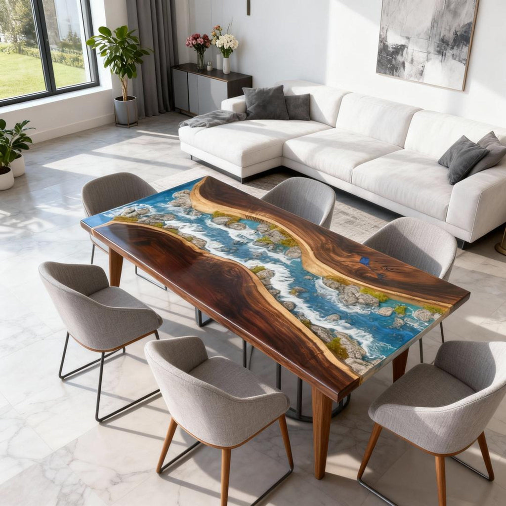 Table rivière sur mesure en résine époxy et noyer bleu égéen KRD-582