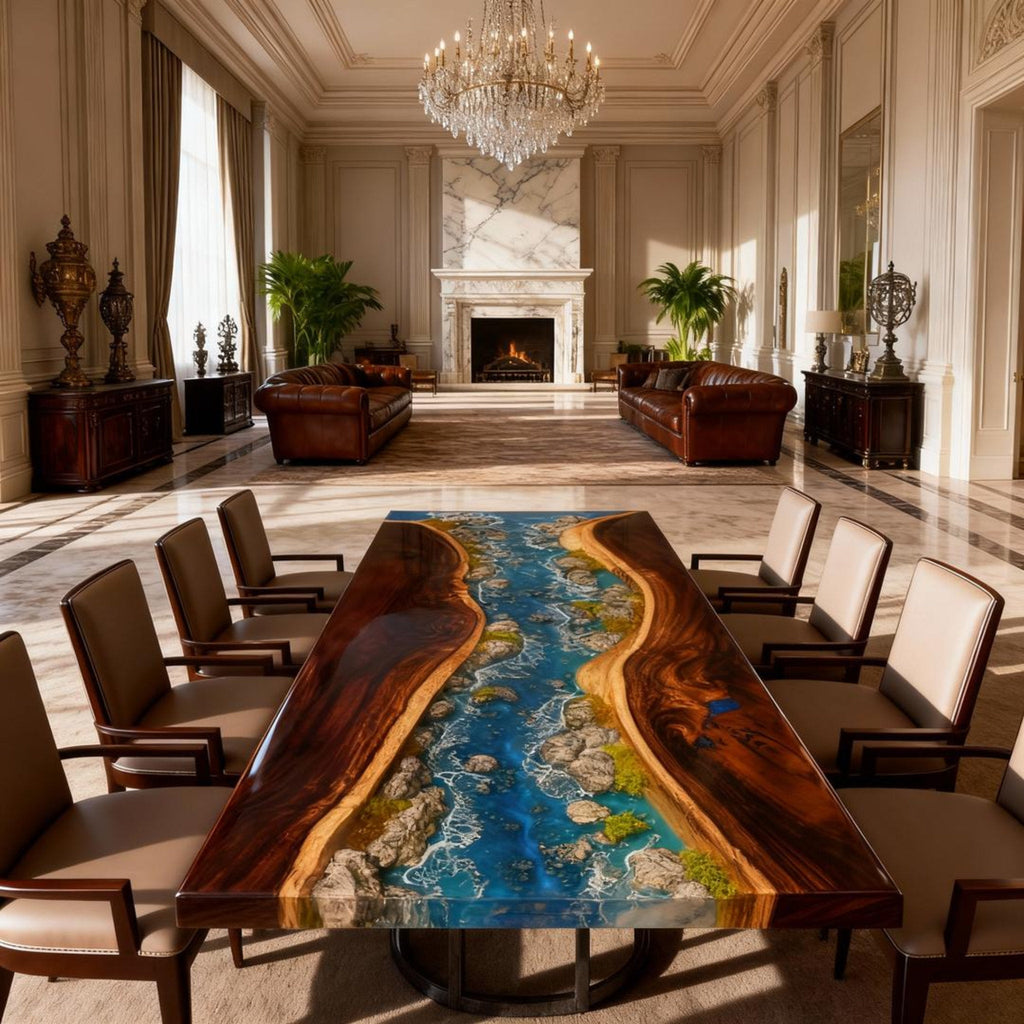 Table rivière sur mesure en résine époxy et noyer bleu égéen KRD-582