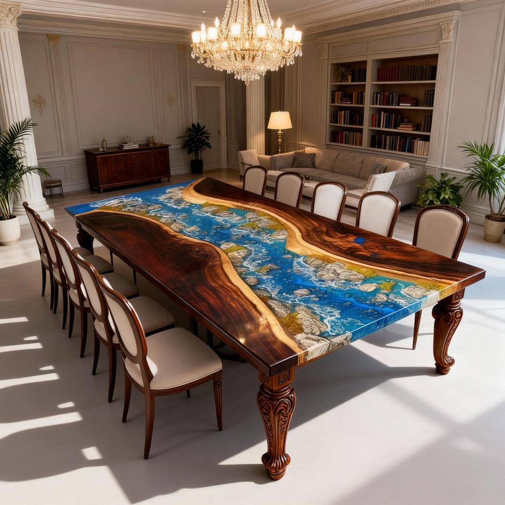 Table rivière sur mesure en résine époxy et noyer bleu égéen KRD-582