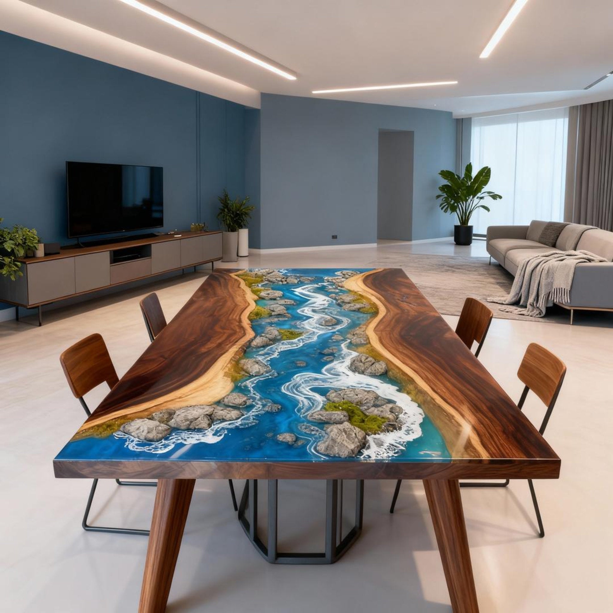Table rivière sur mesure en résine époxy et noyer bleu égéen KRD-582