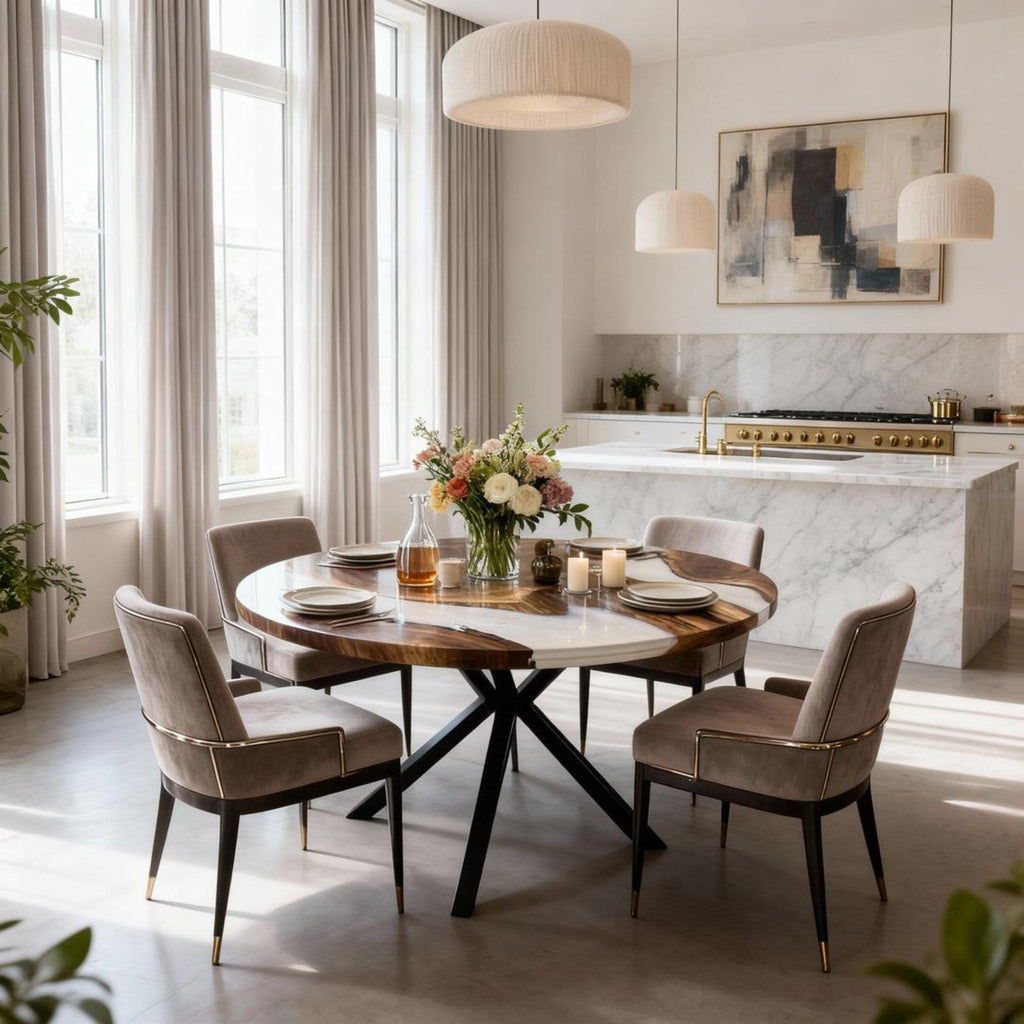 Table rivière personnalisée en résine époxy noyer, résine blanc albâtre GXP-742