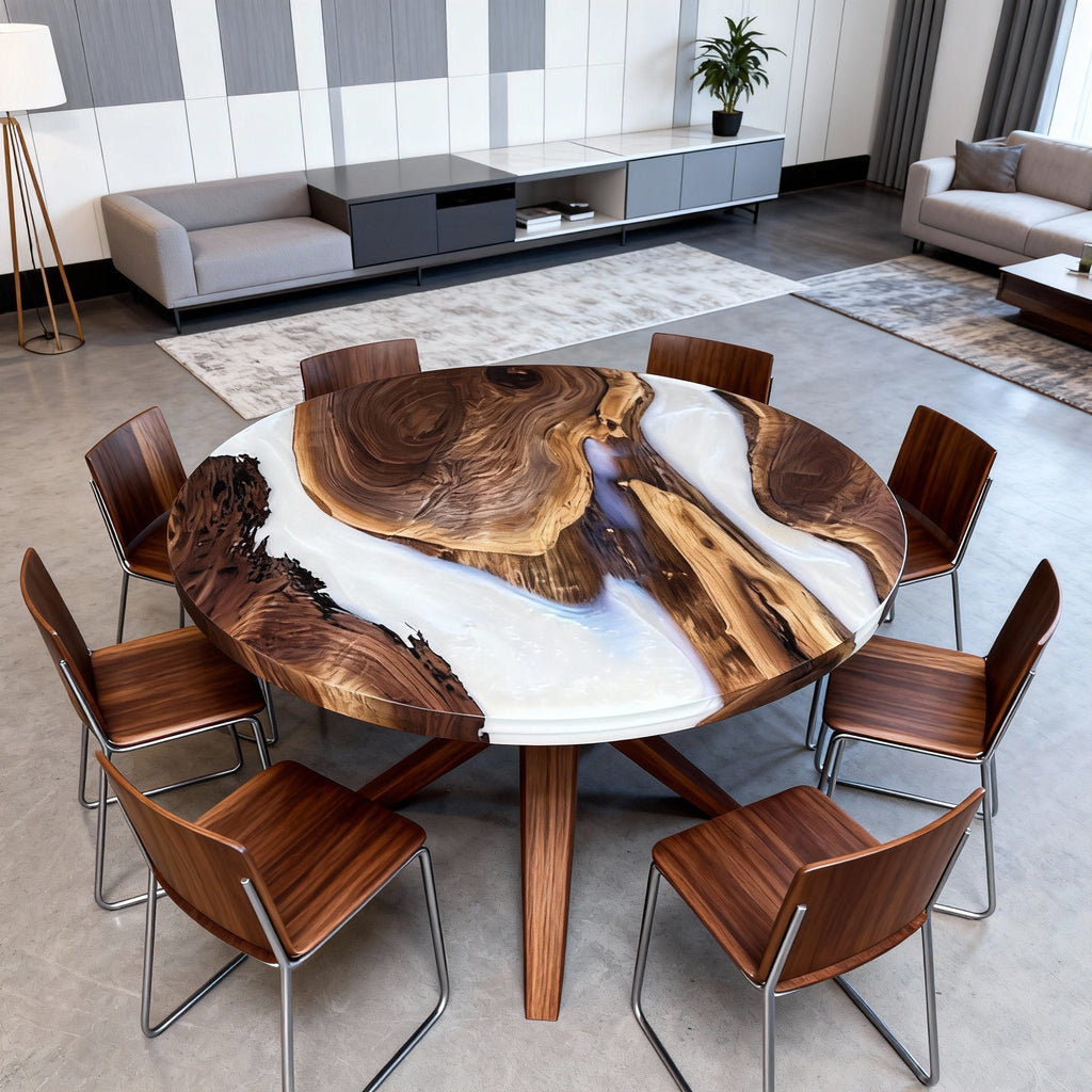 Table rivière personnalisée en résine époxy noyer, résine blanc albâtre GXP-742