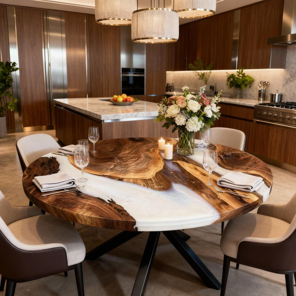 Table rivière personnalisée en résine époxy noyer, résine blanc albâtre GXP-742