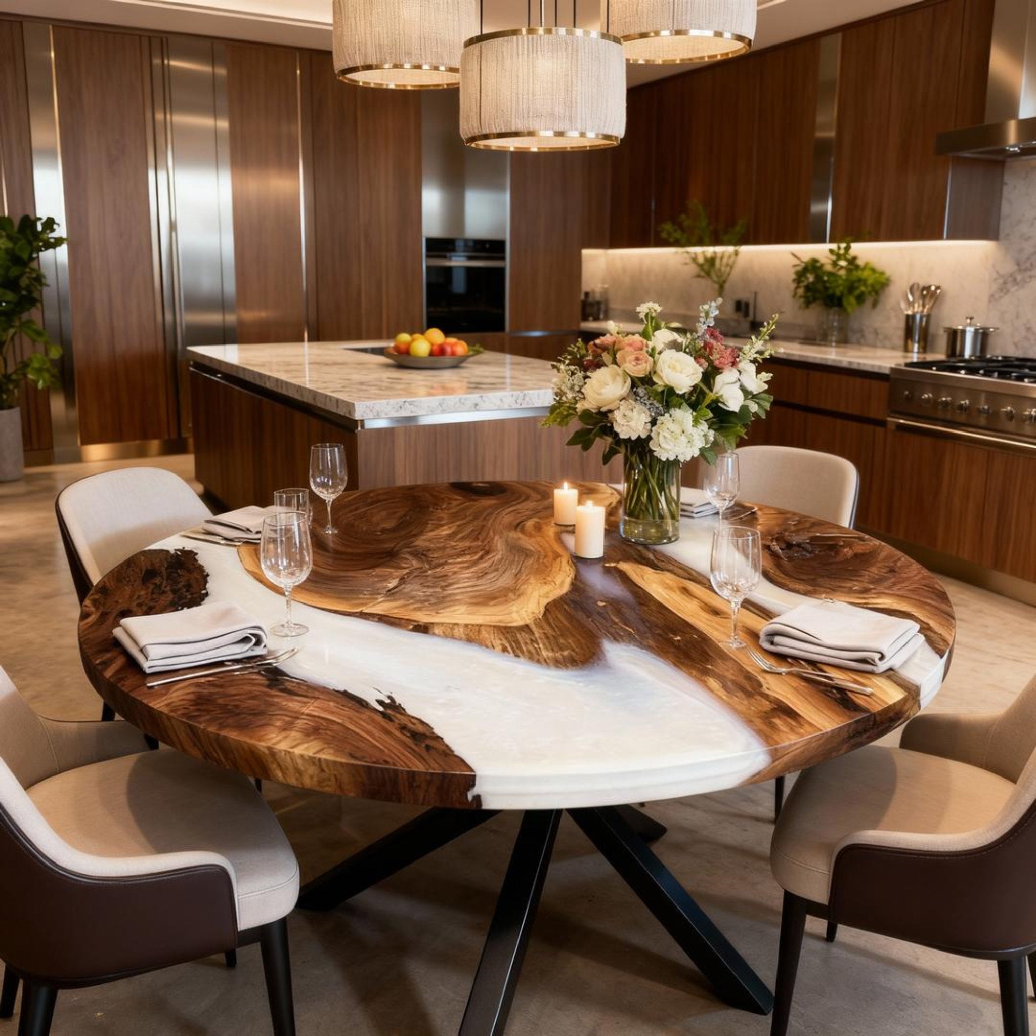 Table rivière personnalisée en résine époxy noyer, résine blanc albâtre GXP-742