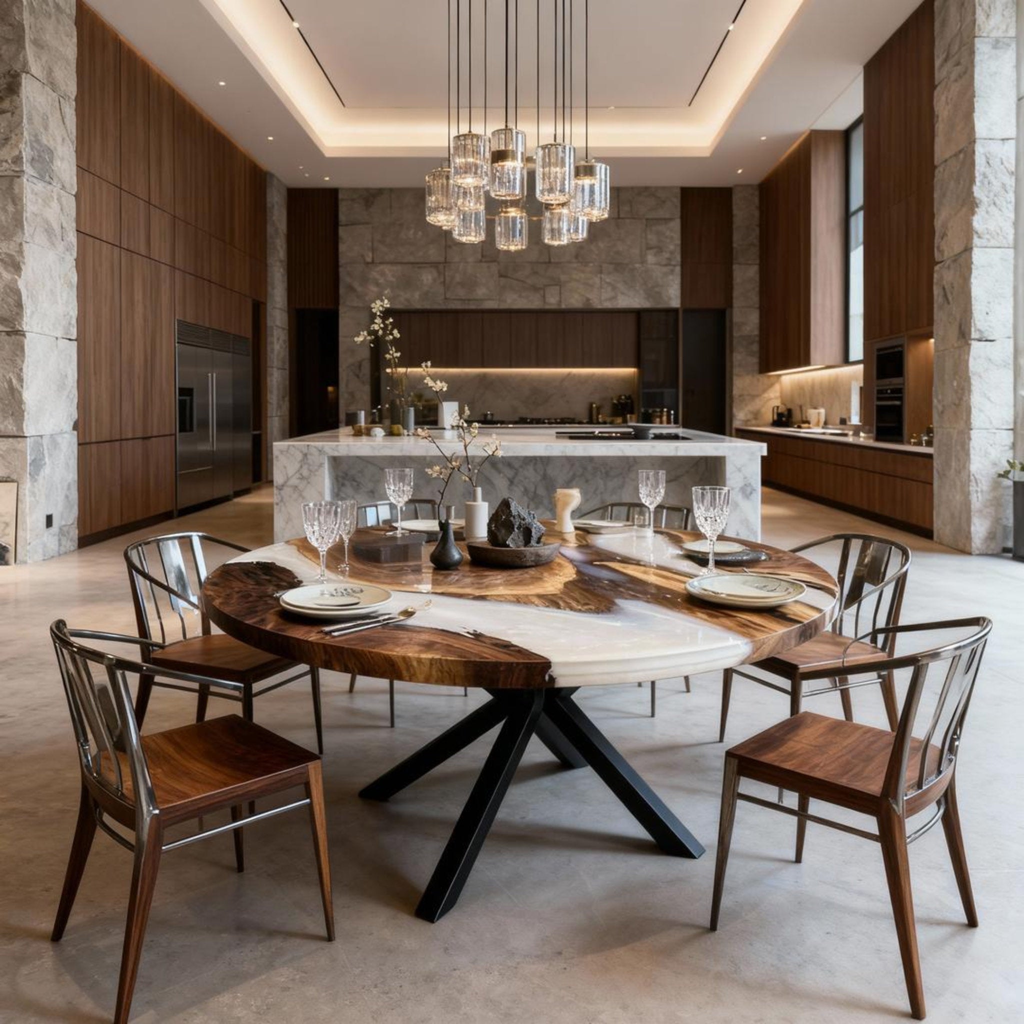 Table rivière personnalisée en résine époxy noyer, résine blanc albâtre GXP-742