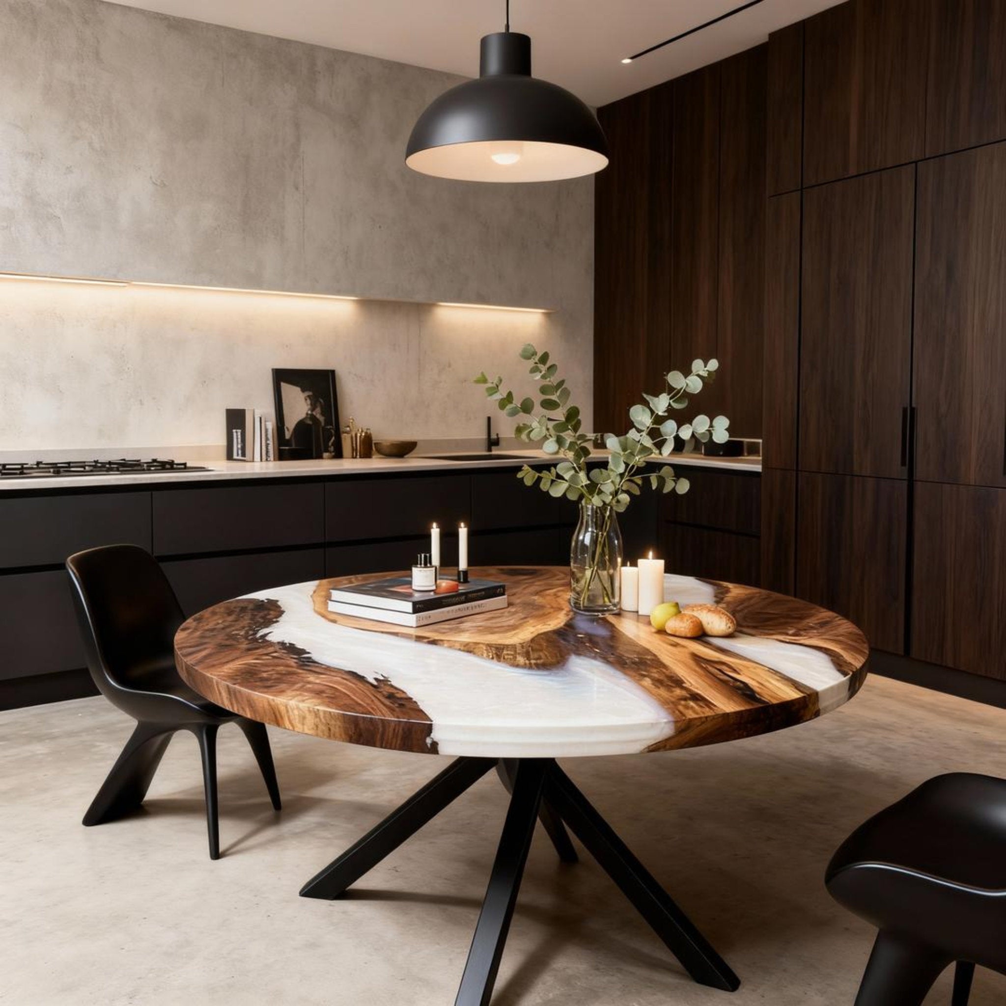 Table rivière personnalisée en résine époxy noyer, résine blanc albâtre GXP-742