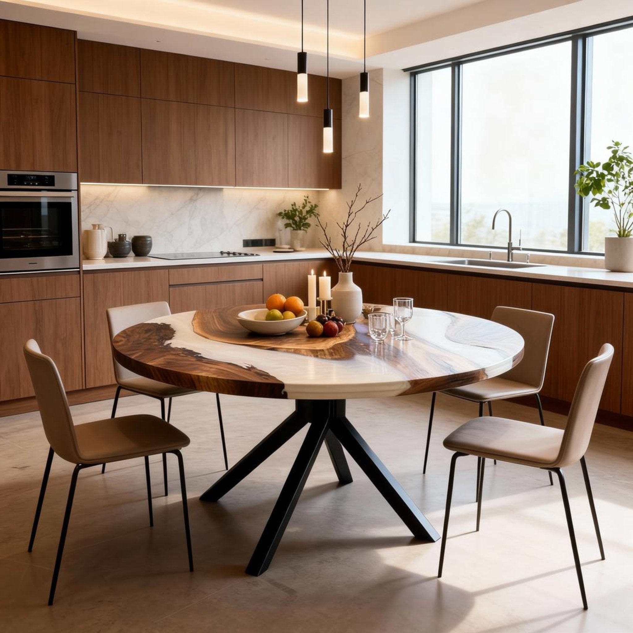 Table rivière personnalisée en résine époxy noyer, résine blanc albâtre GXP-742