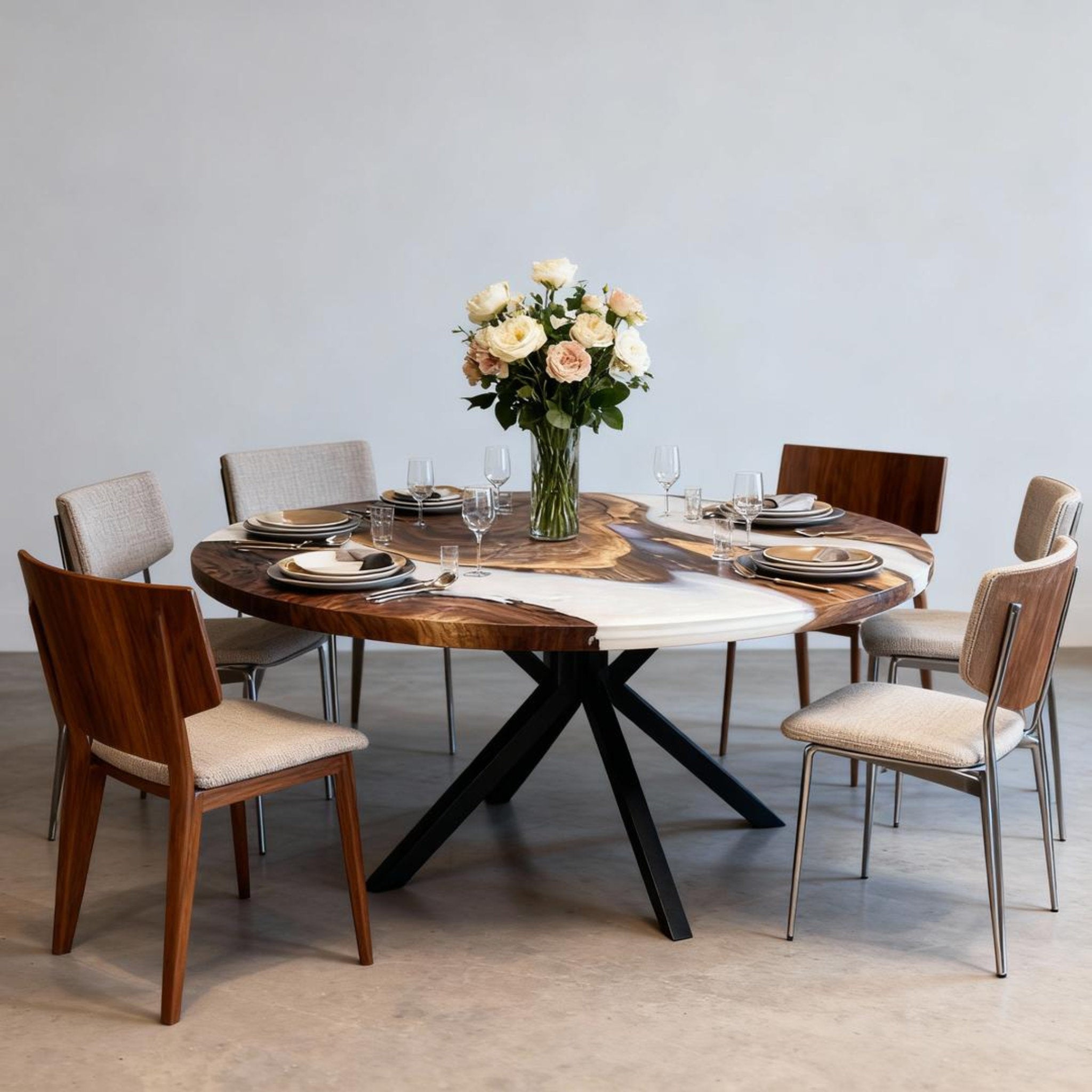 Table rivière personnalisée en résine époxy noyer, résine blanc albâtre GXP-742