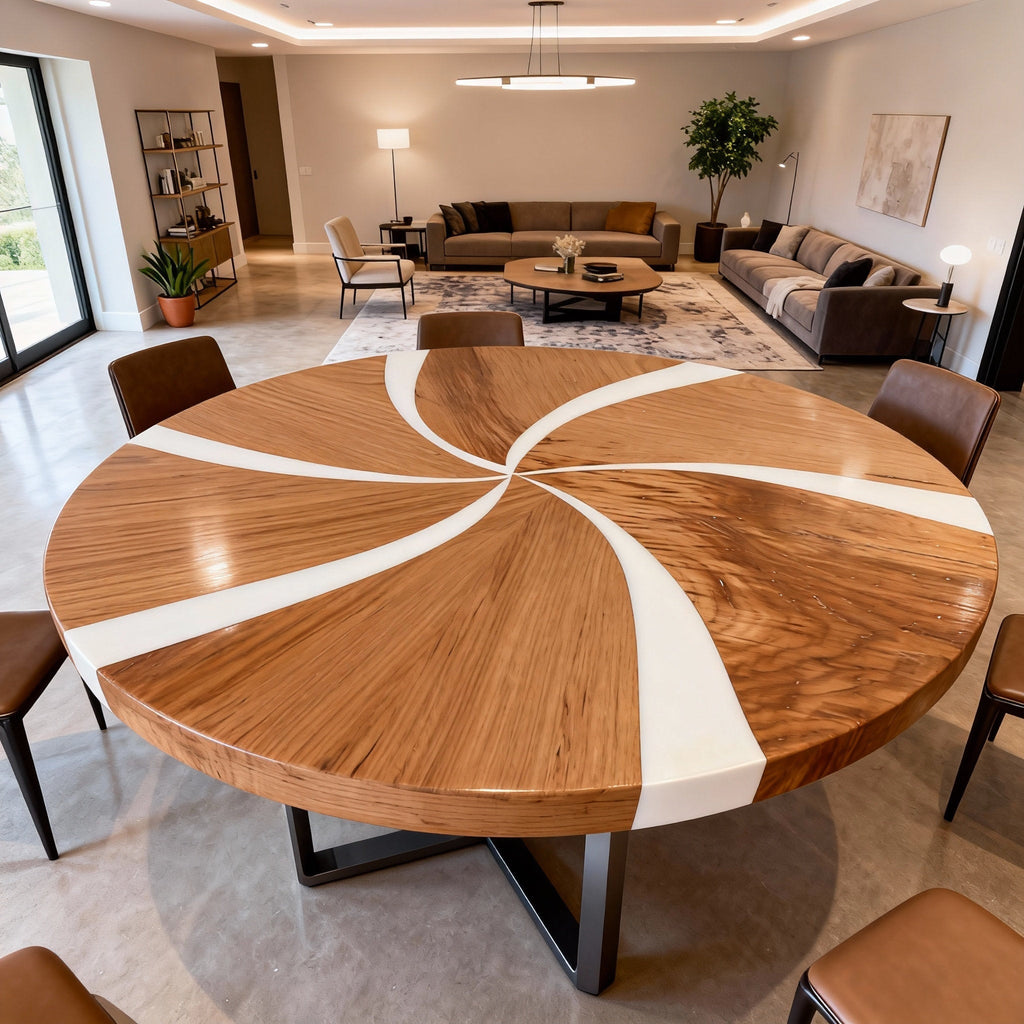 Table rivière sur mesure en résine époxy noyer, résine blanc albâtre KVD-572