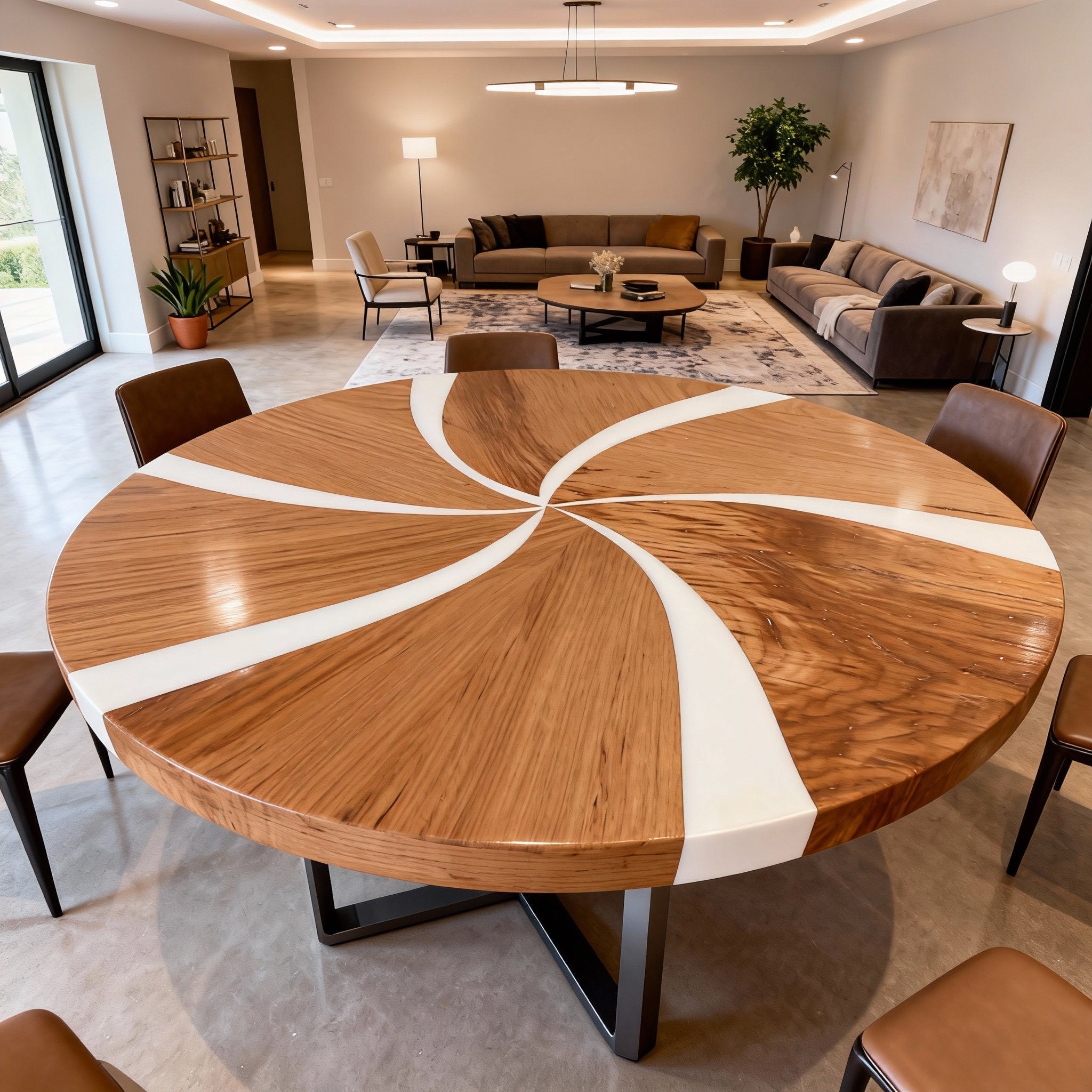 Table rivière sur mesure en résine époxy noyer, résine blanc albâtre KVD-572