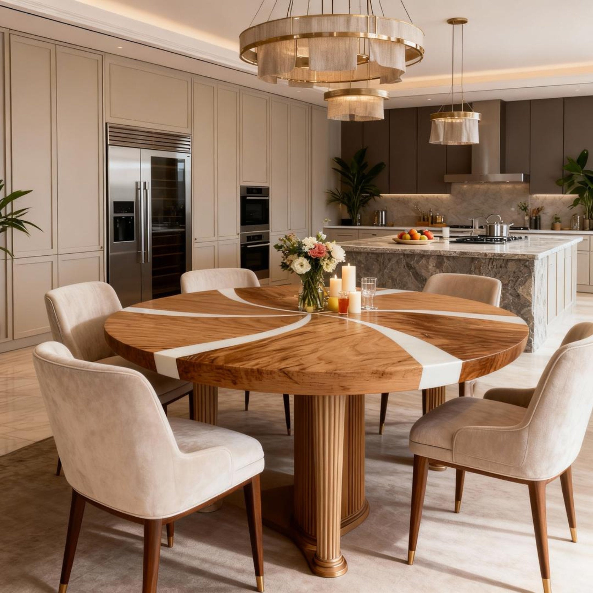 Table rivière sur mesure en résine époxy noyer, résine blanc albâtre KVD-572