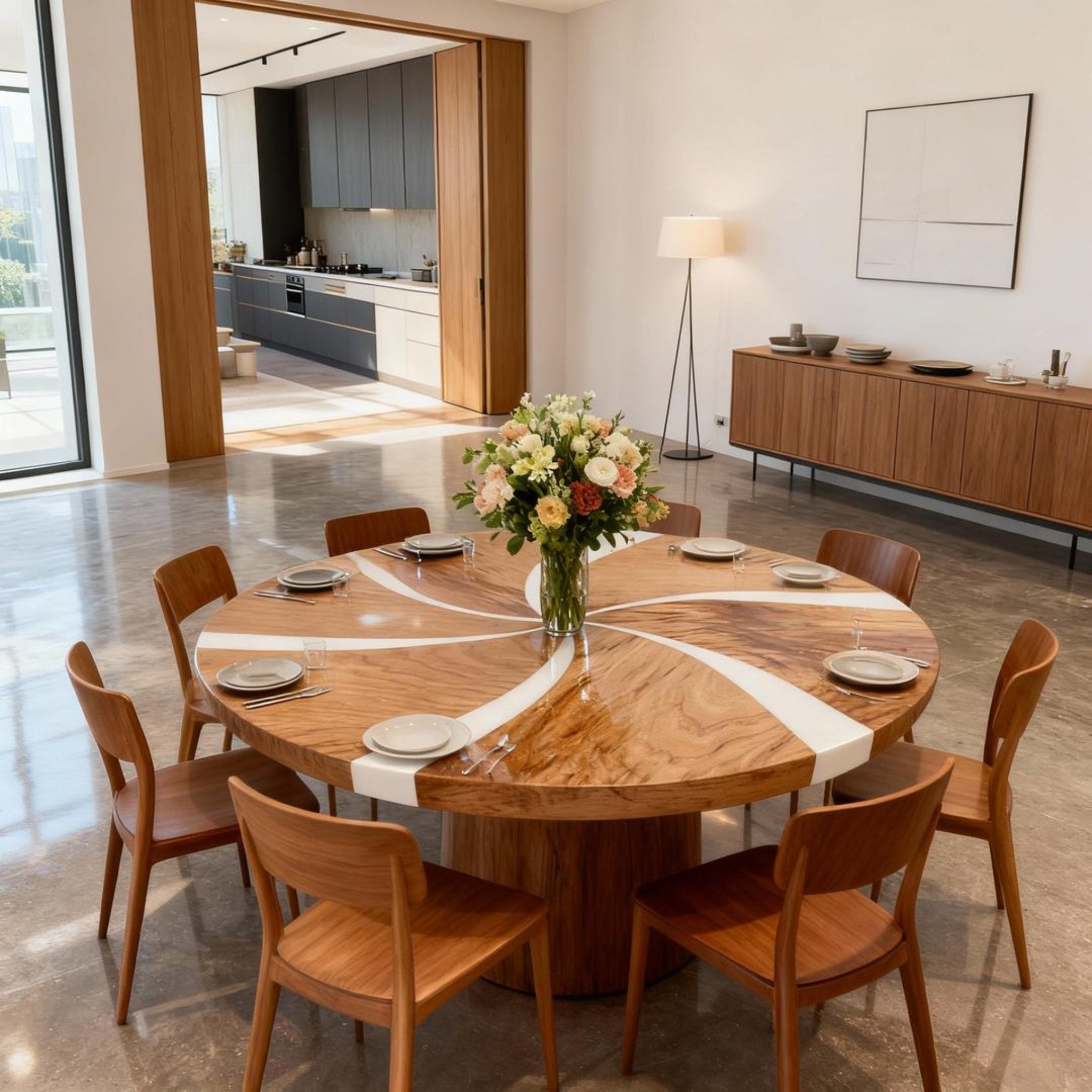 Table rivière sur mesure en résine époxy noyer, résine blanc albâtre KVD-572