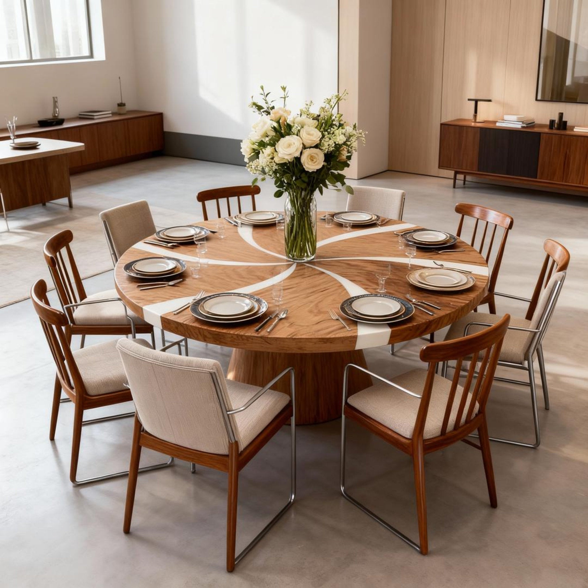 Table rivière sur mesure en résine époxy noyer, résine blanc albâtre KVD-572