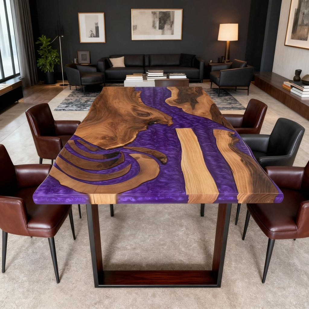 Table rivière personnalisée en résine époxy et noyer, violet améthyste KZP-847