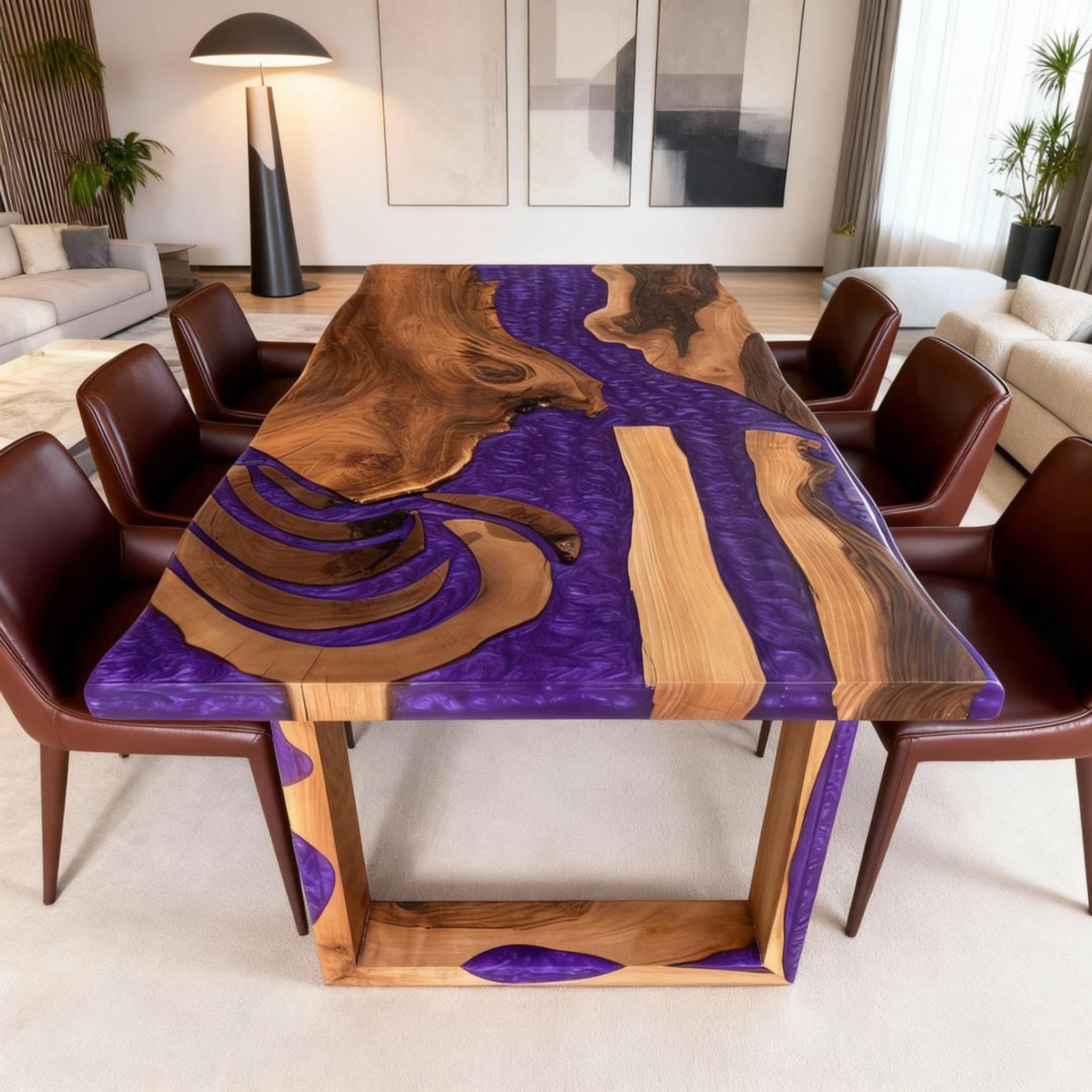 Table rivière personnalisée en résine époxy et noyer, violet améthyste KZP-847