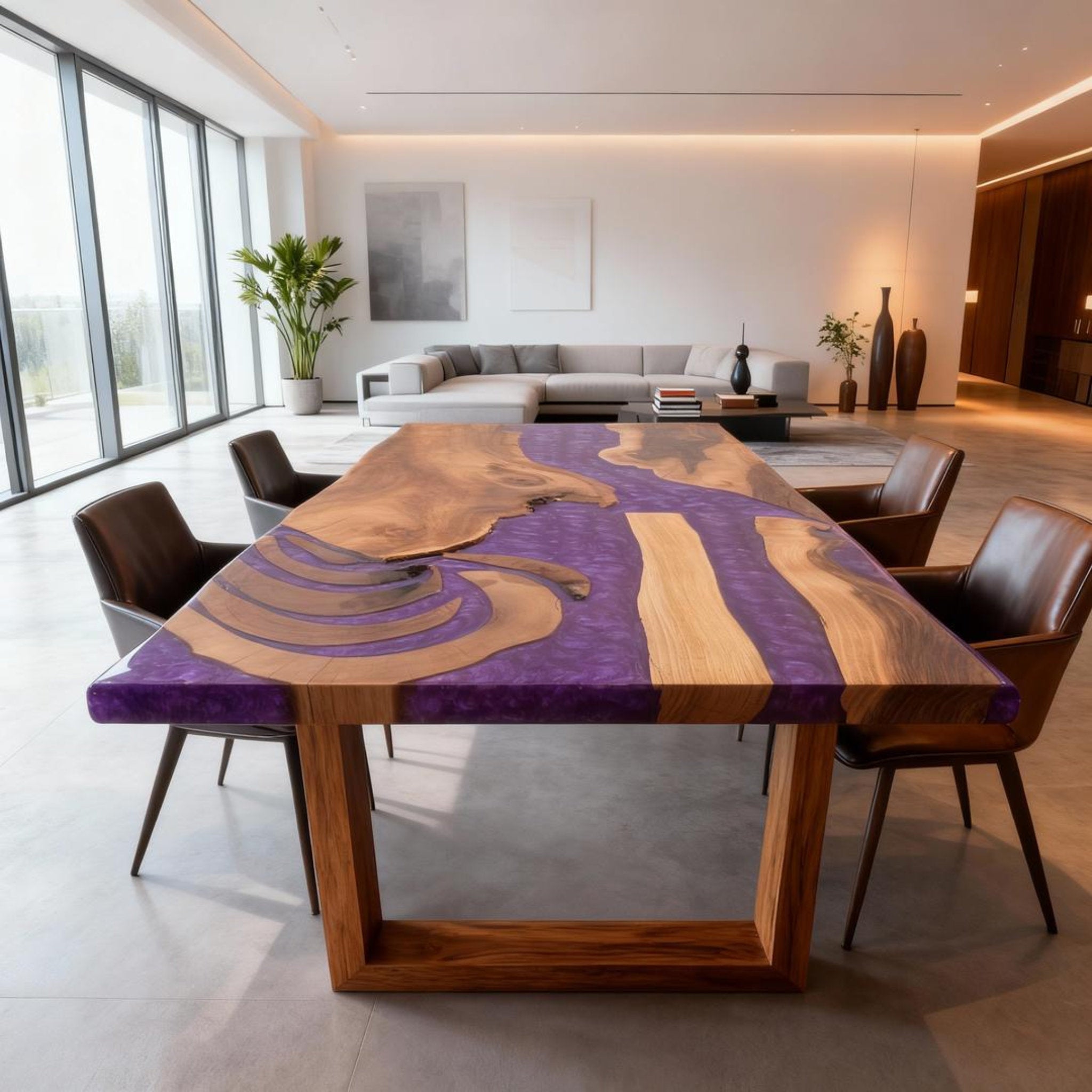 Table rivière personnalisée en résine époxy et noyer, violet améthyste KZP-847