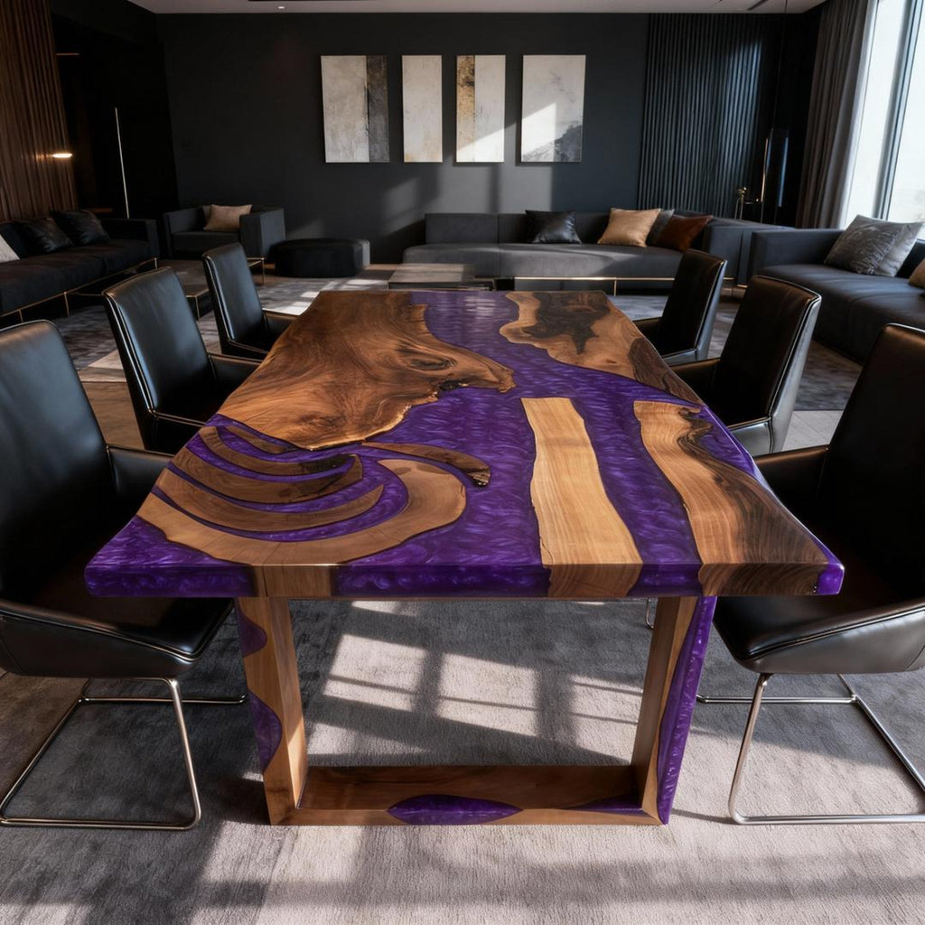 Table rivière personnalisée en résine époxy et noyer, violet améthyste KZP-847