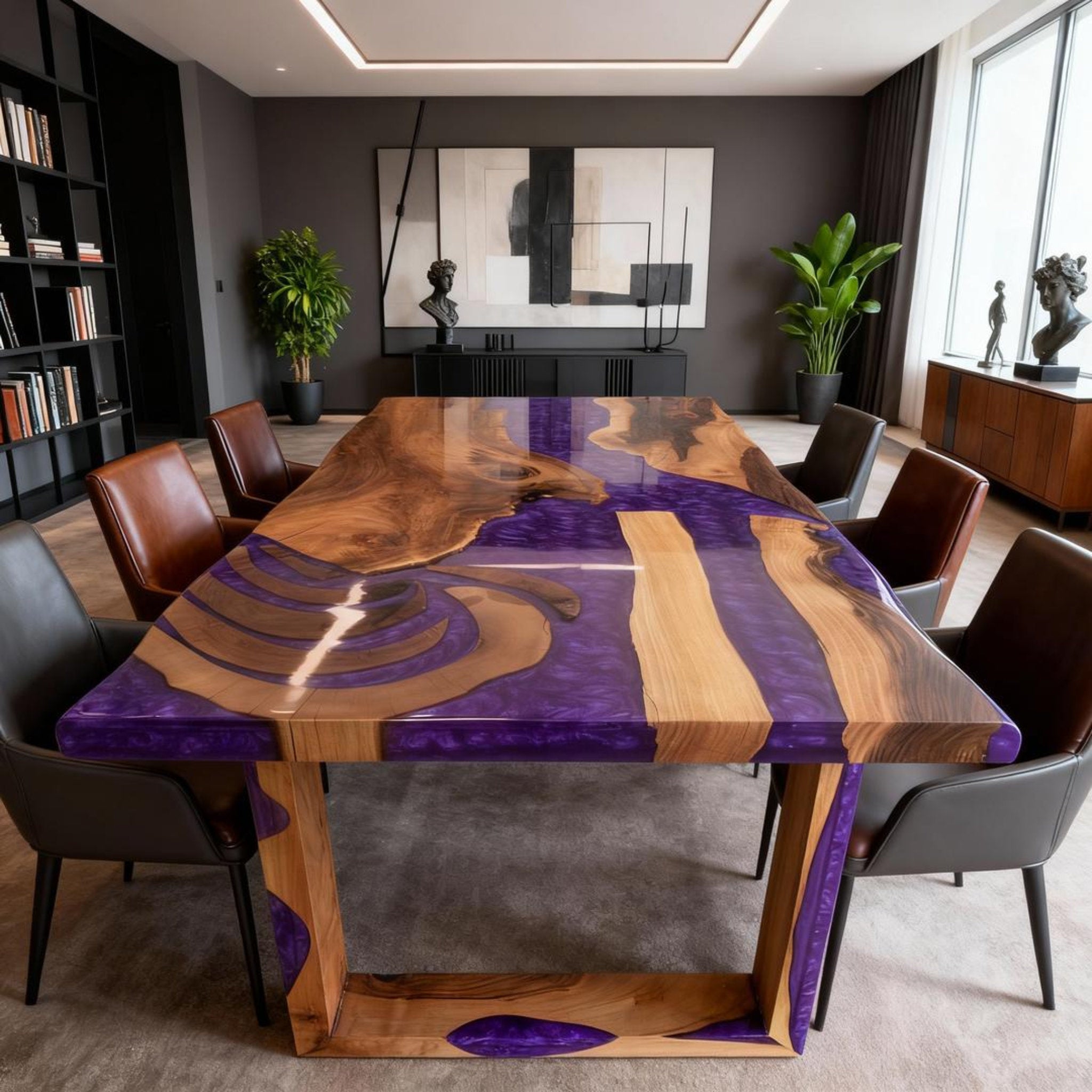 Table rivière personnalisée en résine époxy et noyer, violet améthyste KZP-847