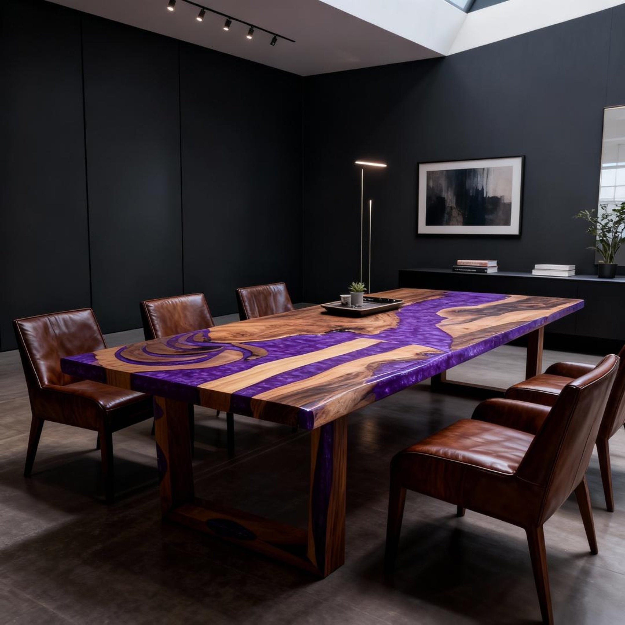 Table rivière personnalisée en résine époxy et noyer, violet améthyste KZP-847