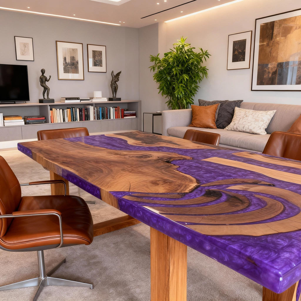 Table rivière personnalisée en résine époxy et noyer, violet améthyste KZP-847