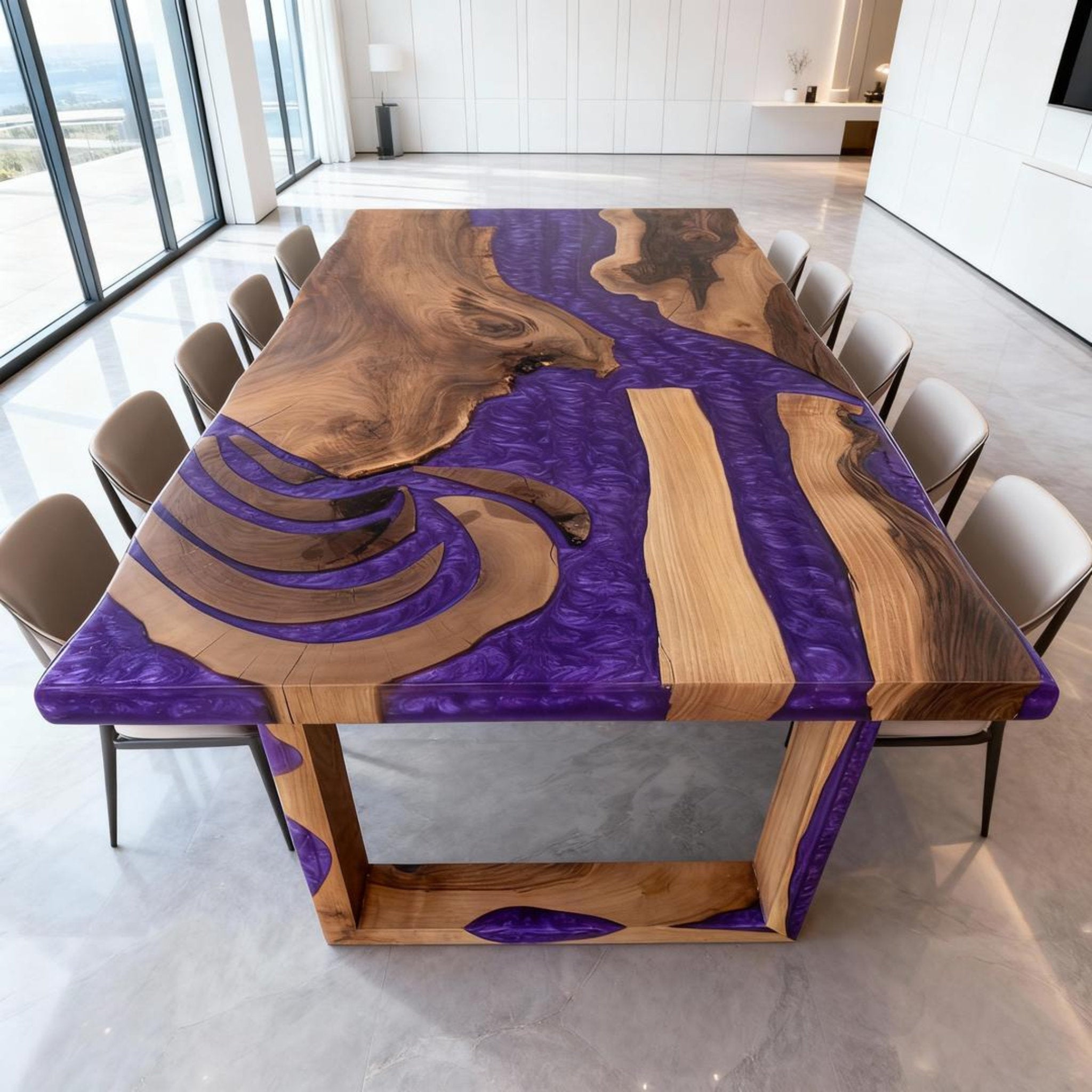 Table rivière personnalisée en résine époxy et noyer, violet améthyste KZP-847