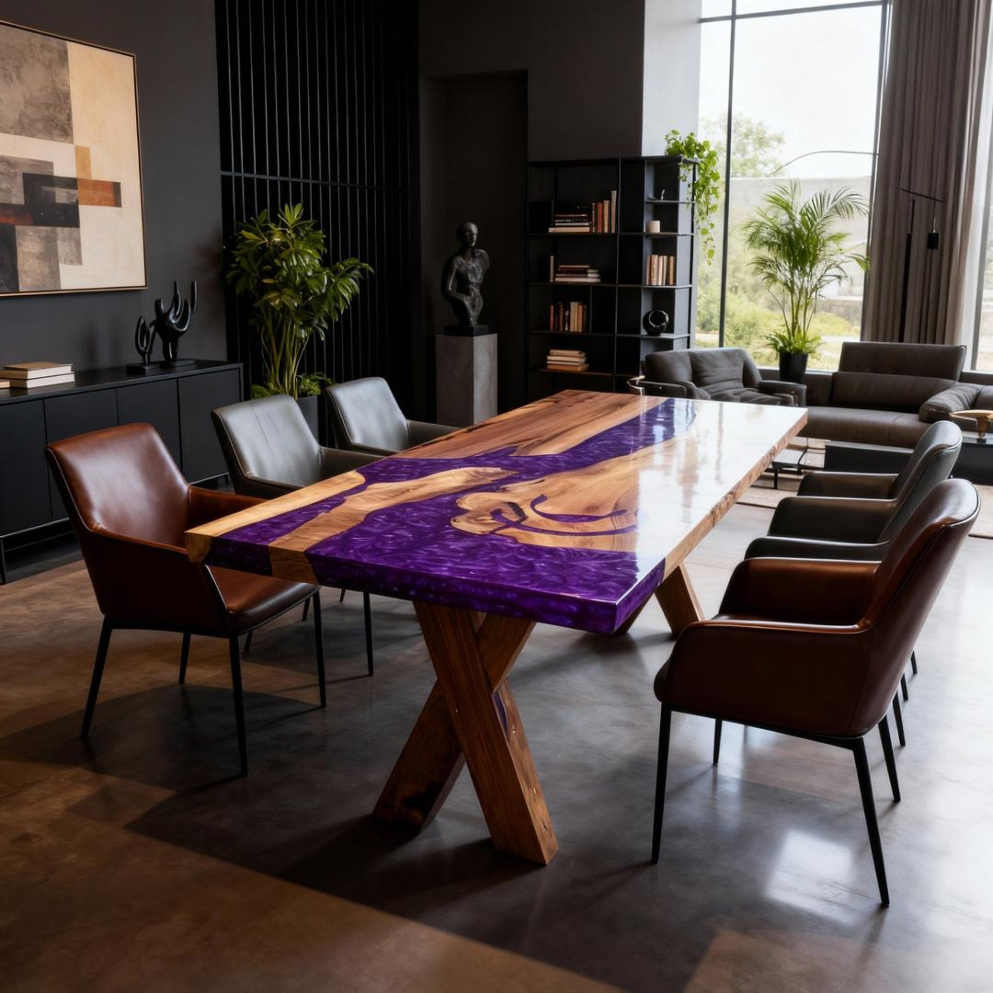 Table rivière personnalisée en résine époxy et noyer, violet améthyste WQJ-742