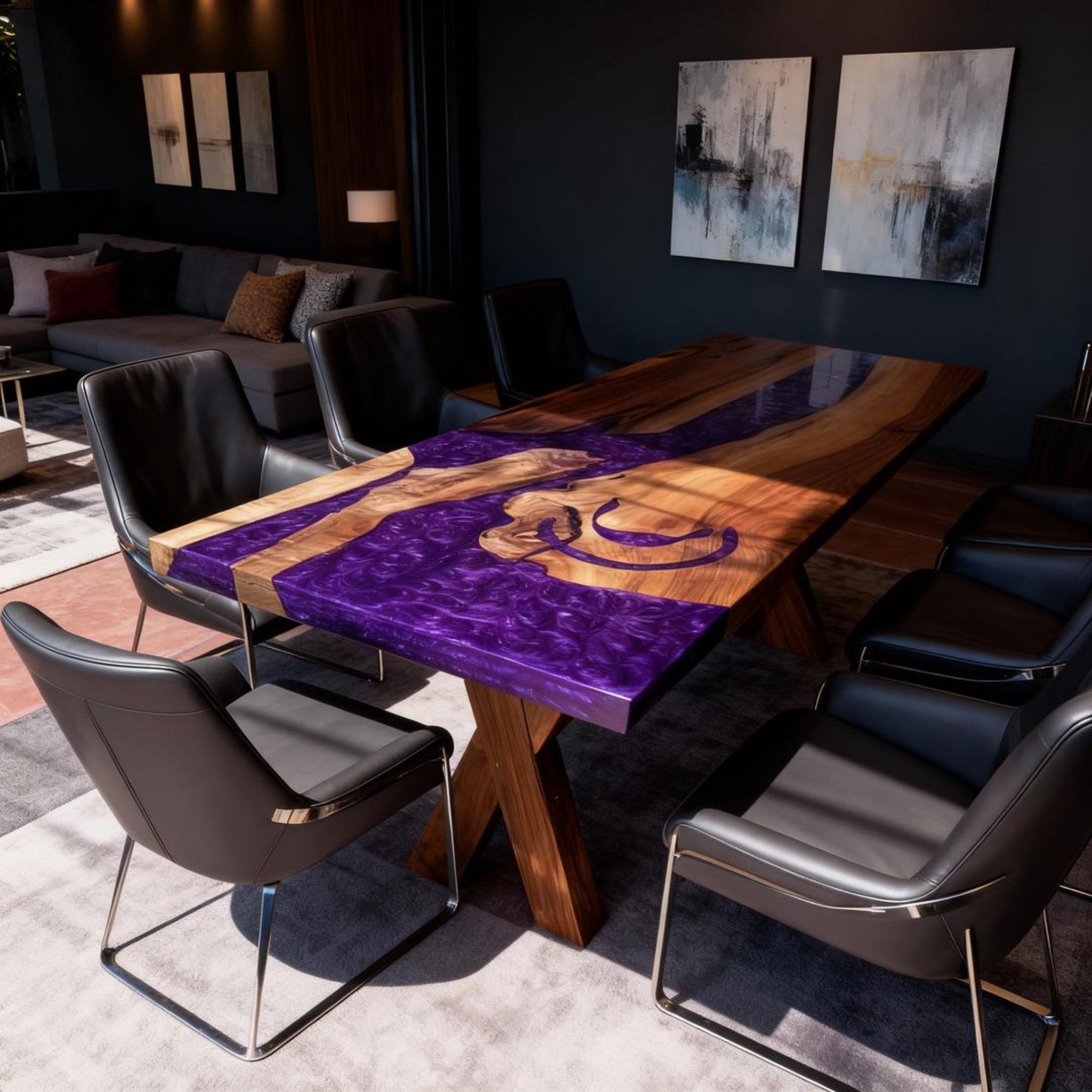 Table rivière personnalisée en résine époxy et noyer, violet améthyste WQJ-742
