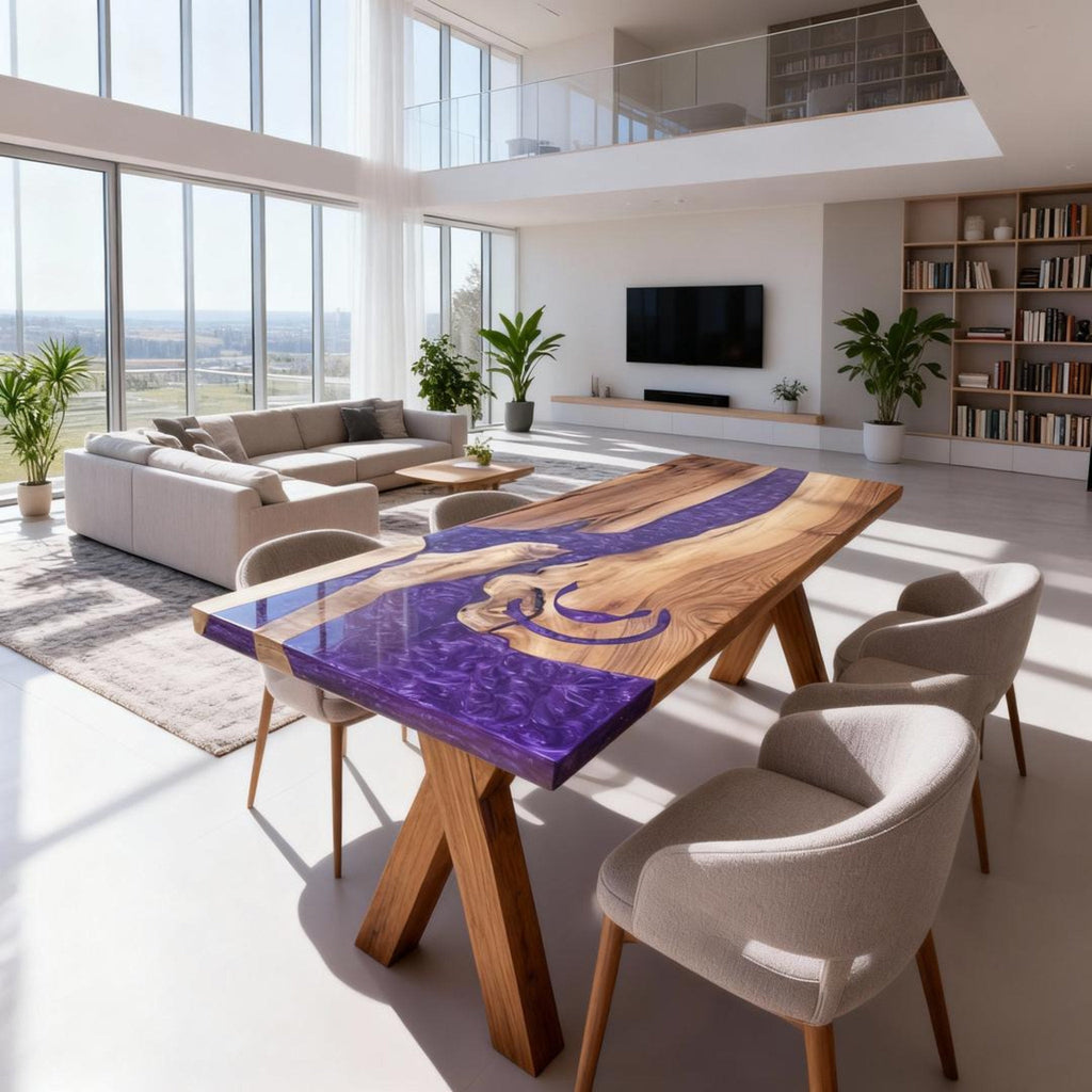 Table rivière personnalisée en résine époxy et noyer, violet améthyste WQJ-742