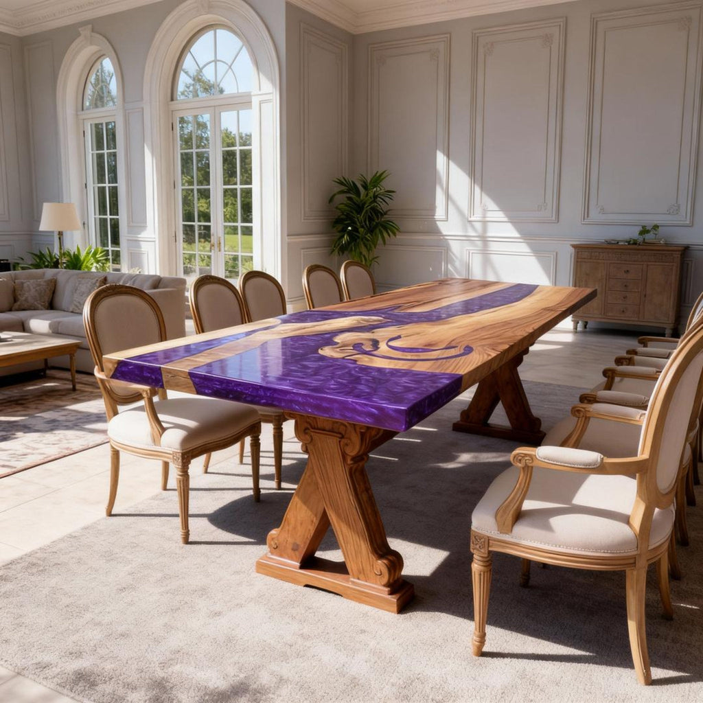 Table rivière personnalisée en résine époxy et noyer, violet améthyste WQJ-742