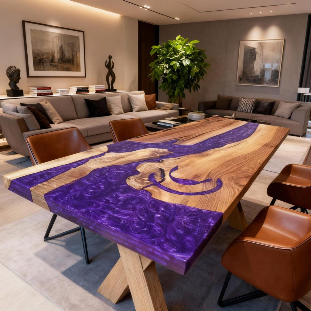 Table rivière personnalisée en résine époxy et noyer, violet améthyste WQJ-742