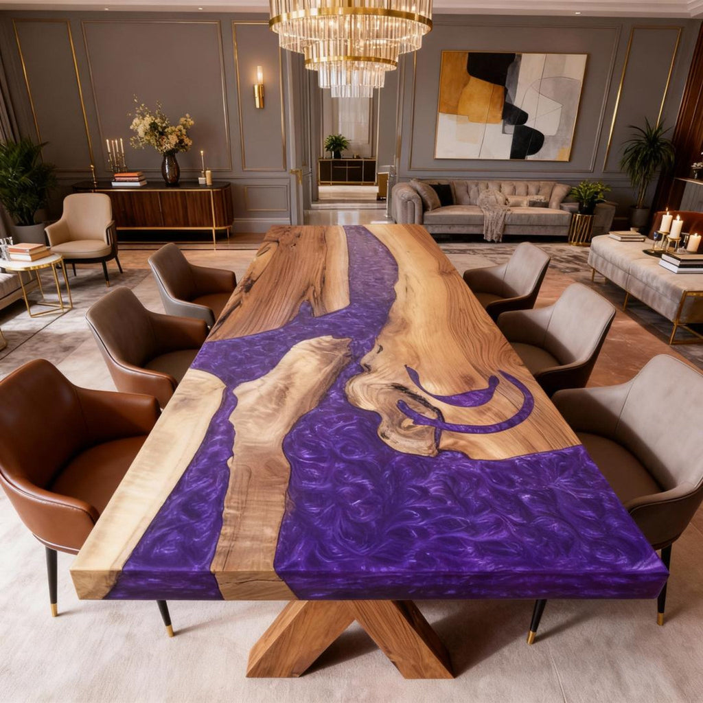 Table rivière personnalisée en résine époxy et noyer, violet améthyste WQJ-742
