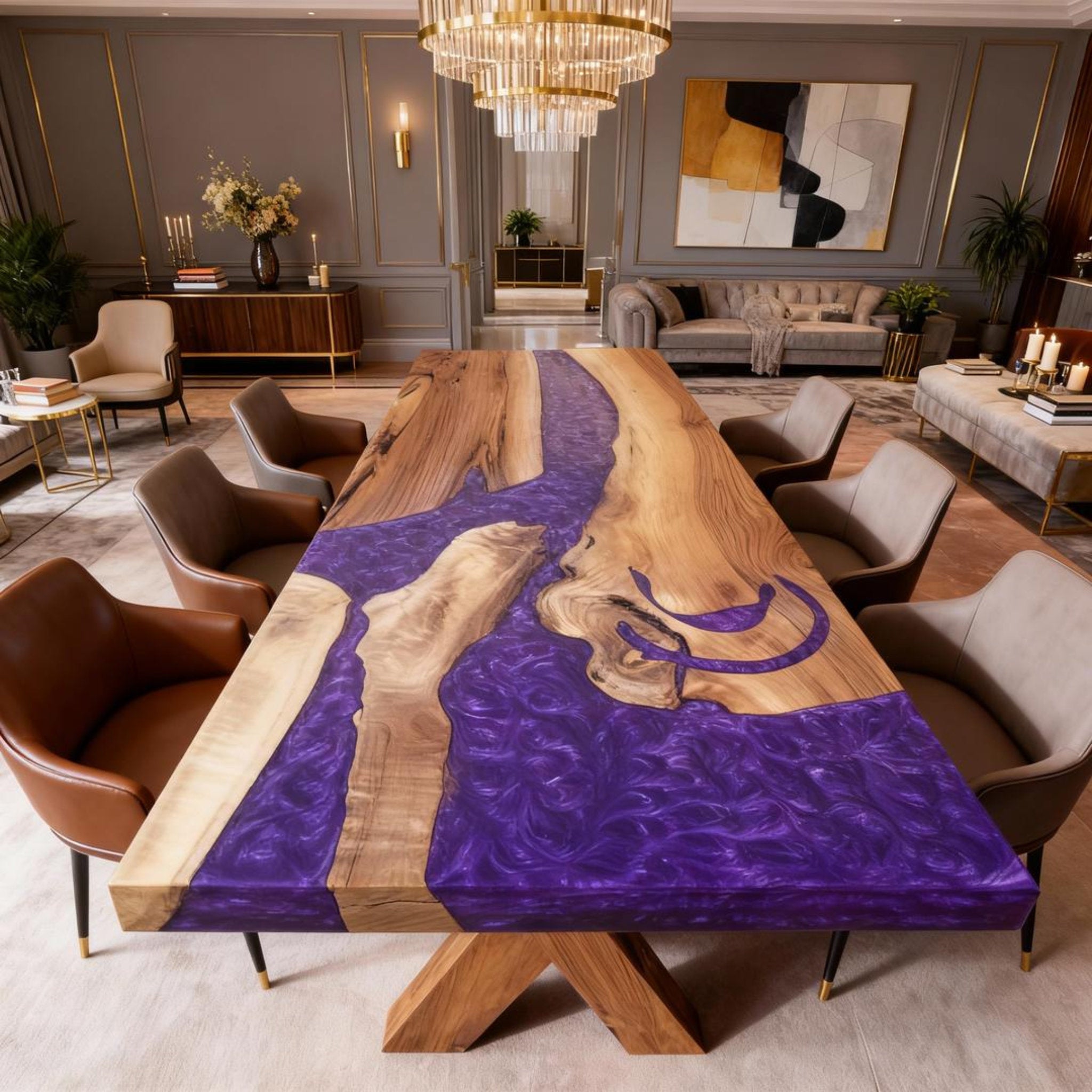 Table rivière personnalisée en résine époxy et noyer, violet améthyste WQJ-742