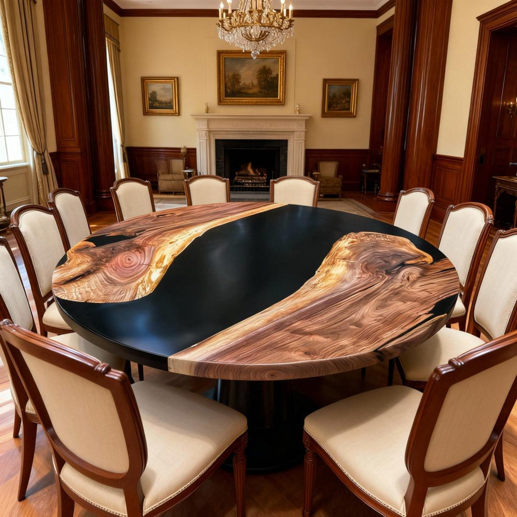 Table rivière sur mesure en résine époxy et noyer, Black Pearl DLP-784