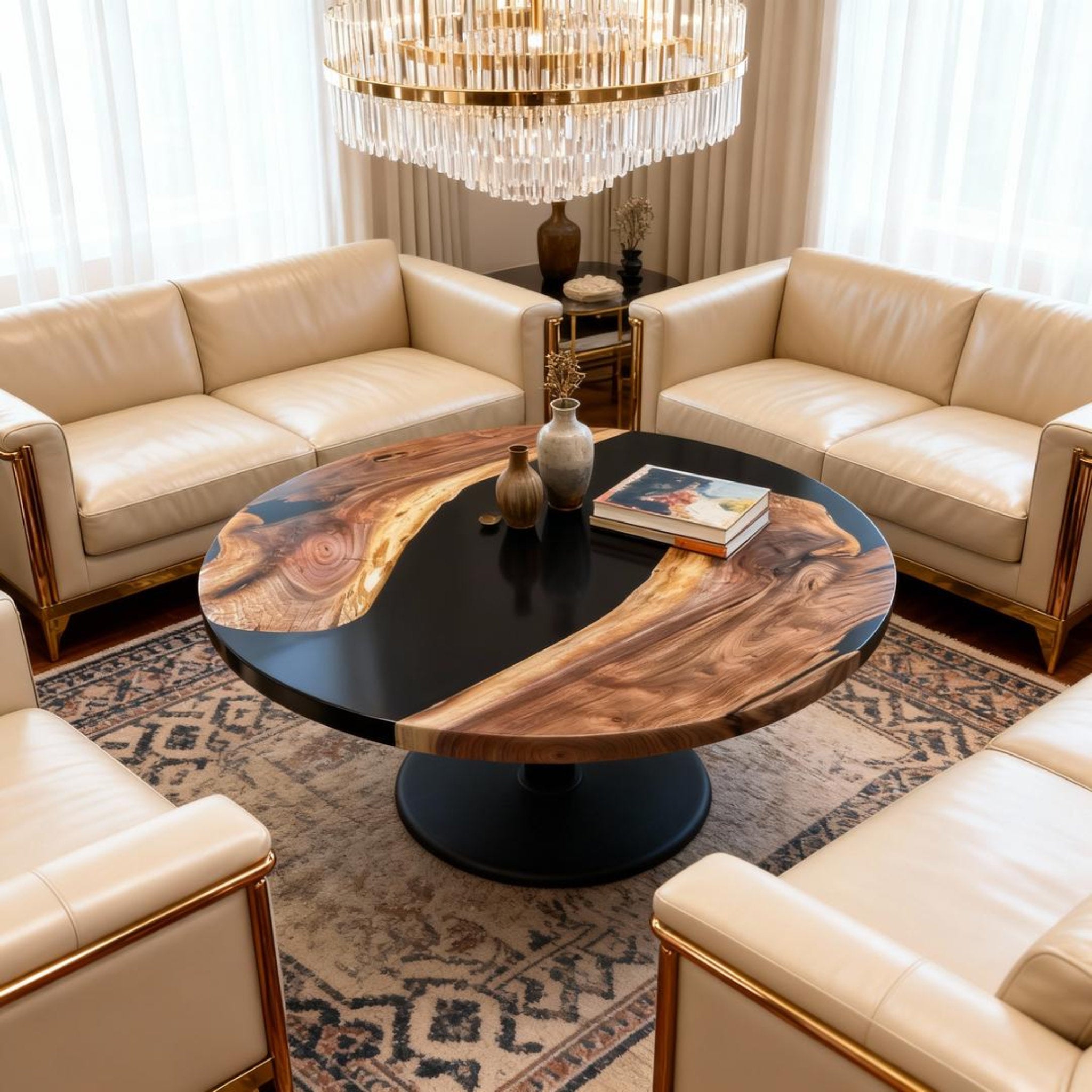 Table rivière sur mesure en résine époxy et noyer, Black Pearl DLP-784