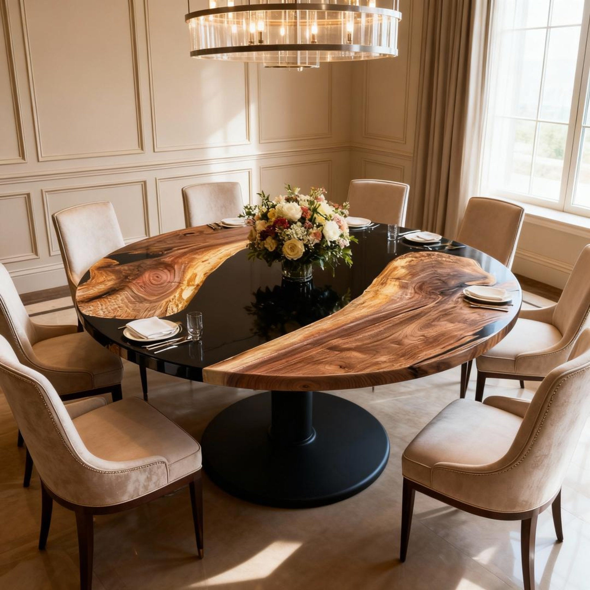 Table rivière sur mesure en résine époxy et noyer, Black Pearl DLP-784