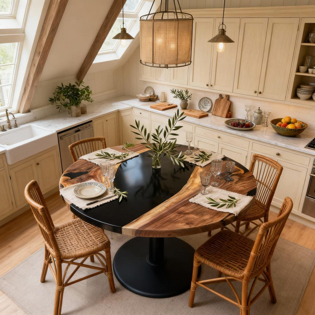 Table rivière sur mesure en résine époxy et noyer, Black Pearl DLP-784