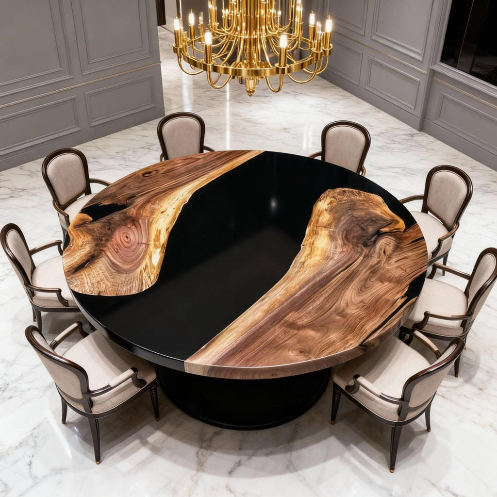 Table rivière sur mesure en résine époxy et noyer, Black Pearl DLP-784