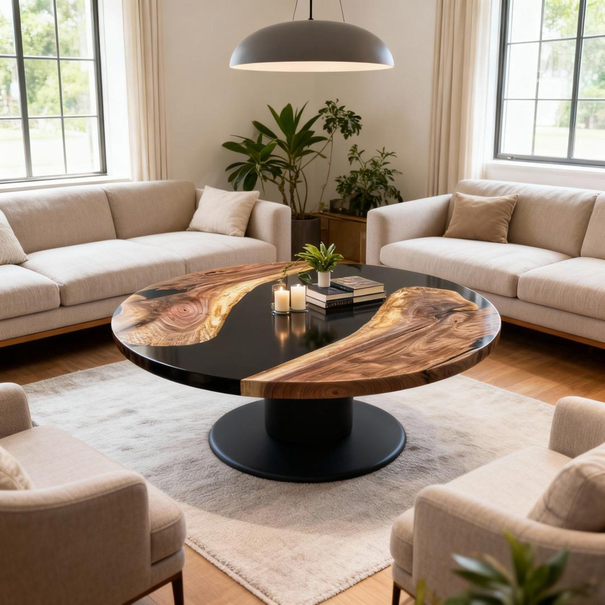 Table rivière sur mesure en résine époxy et noyer, Black Pearl DLP-784