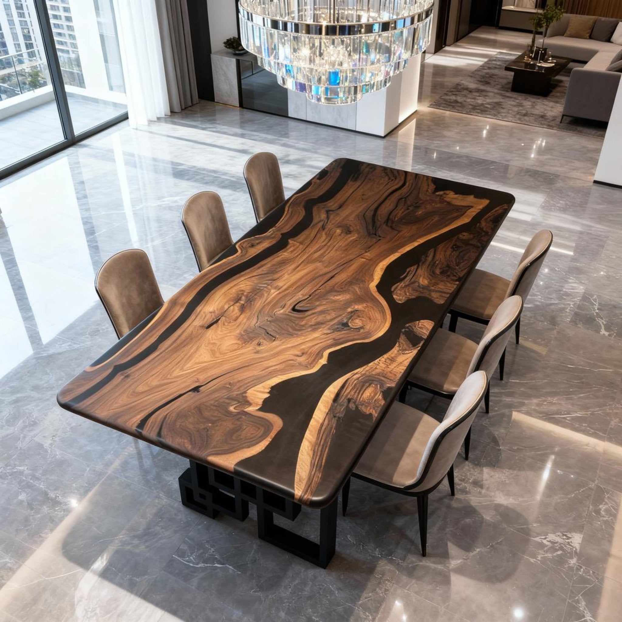 Table rivière sur mesure en résine époxy et noyer, Black Pearl KJP-582