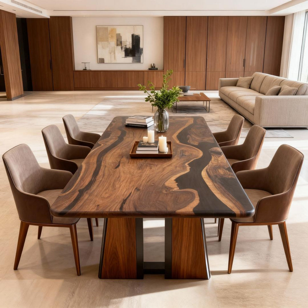 Table rivière sur mesure en résine époxy et noyer, Black Pearl KJP-582