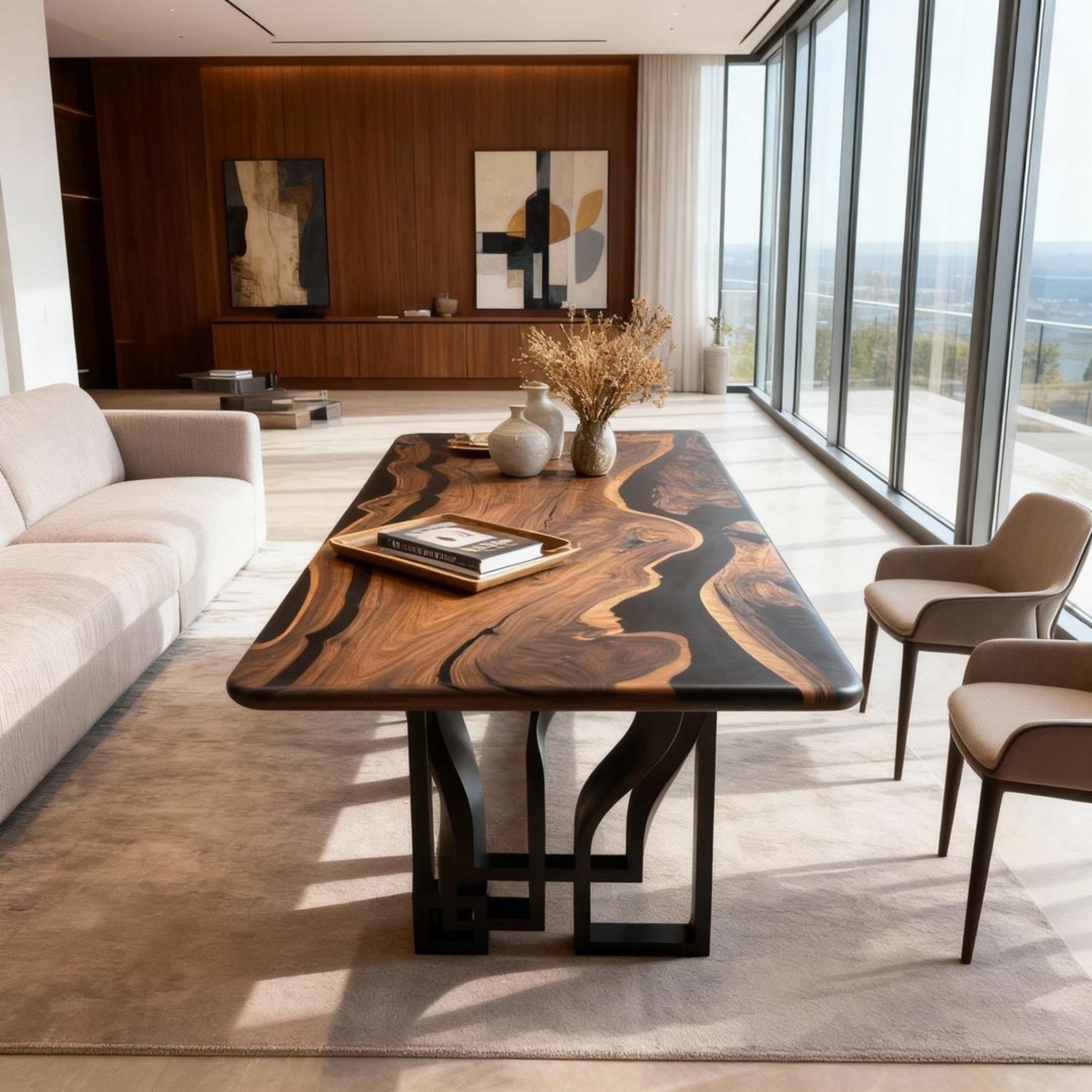 Table rivière sur mesure en résine époxy et noyer, Black Pearl KJP-582