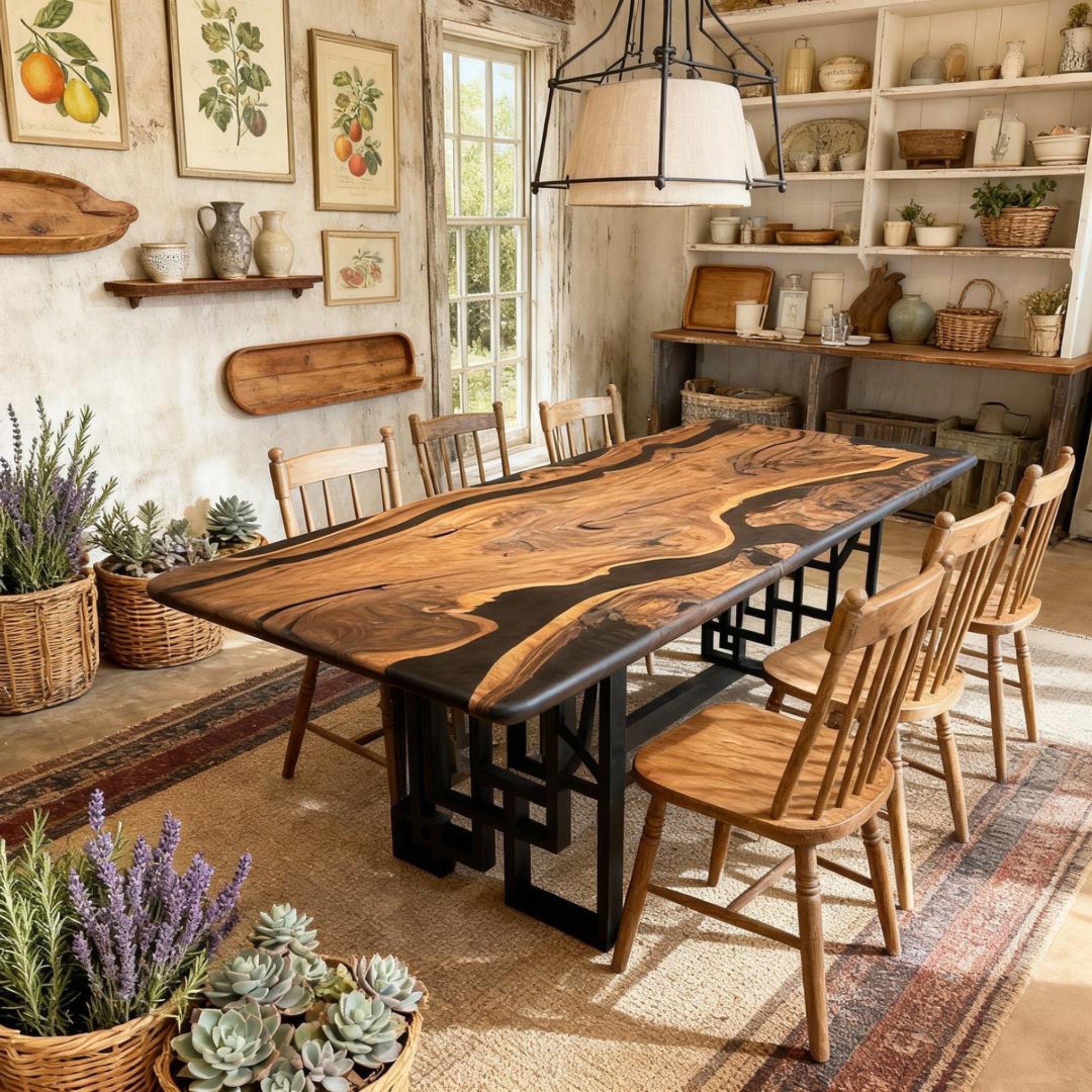 Table rivière sur mesure en résine époxy et noyer, Black Pearl KJP-582