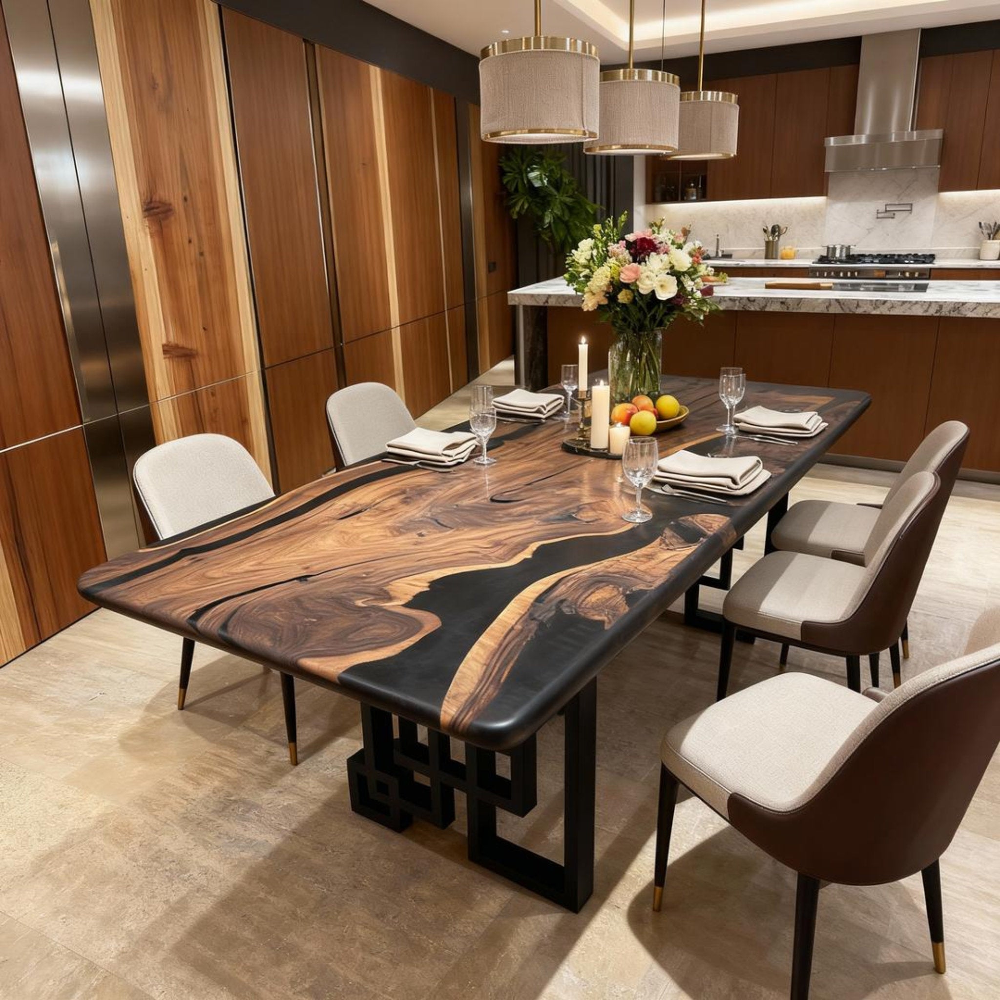 Table rivière sur mesure en résine époxy et noyer, Black Pearl KJP-582