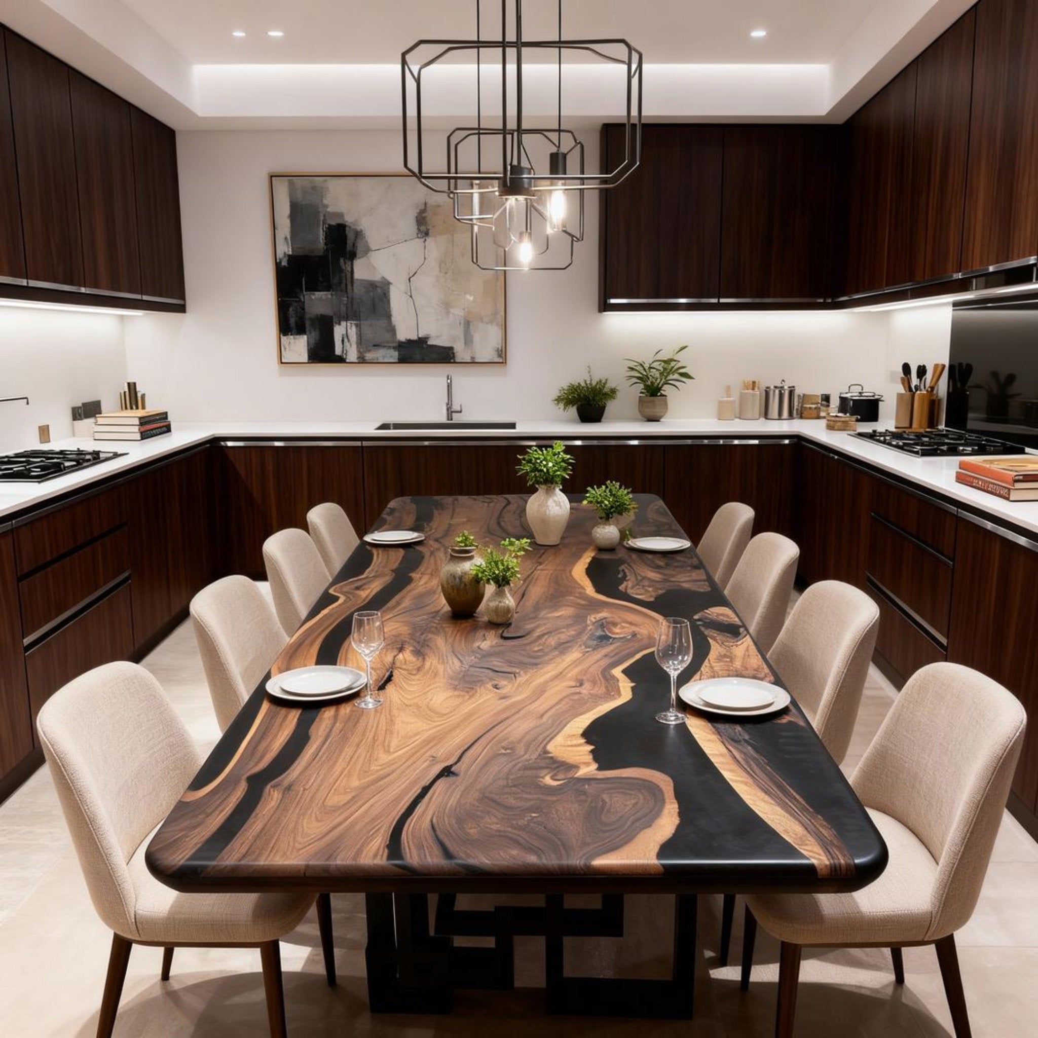 Table rivière sur mesure en résine époxy et noyer, Black Pearl KJP-582